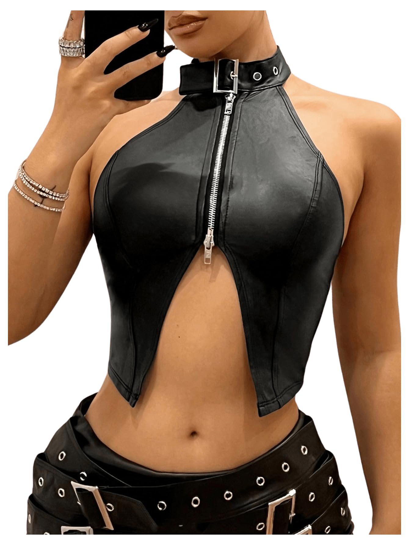 OYOANGLE Women's Leather Asymmetrical Halter Top | Y2k Backless Buckle Zipper Front Crop Tank Tops, Party, Rave Concert, Clubwear