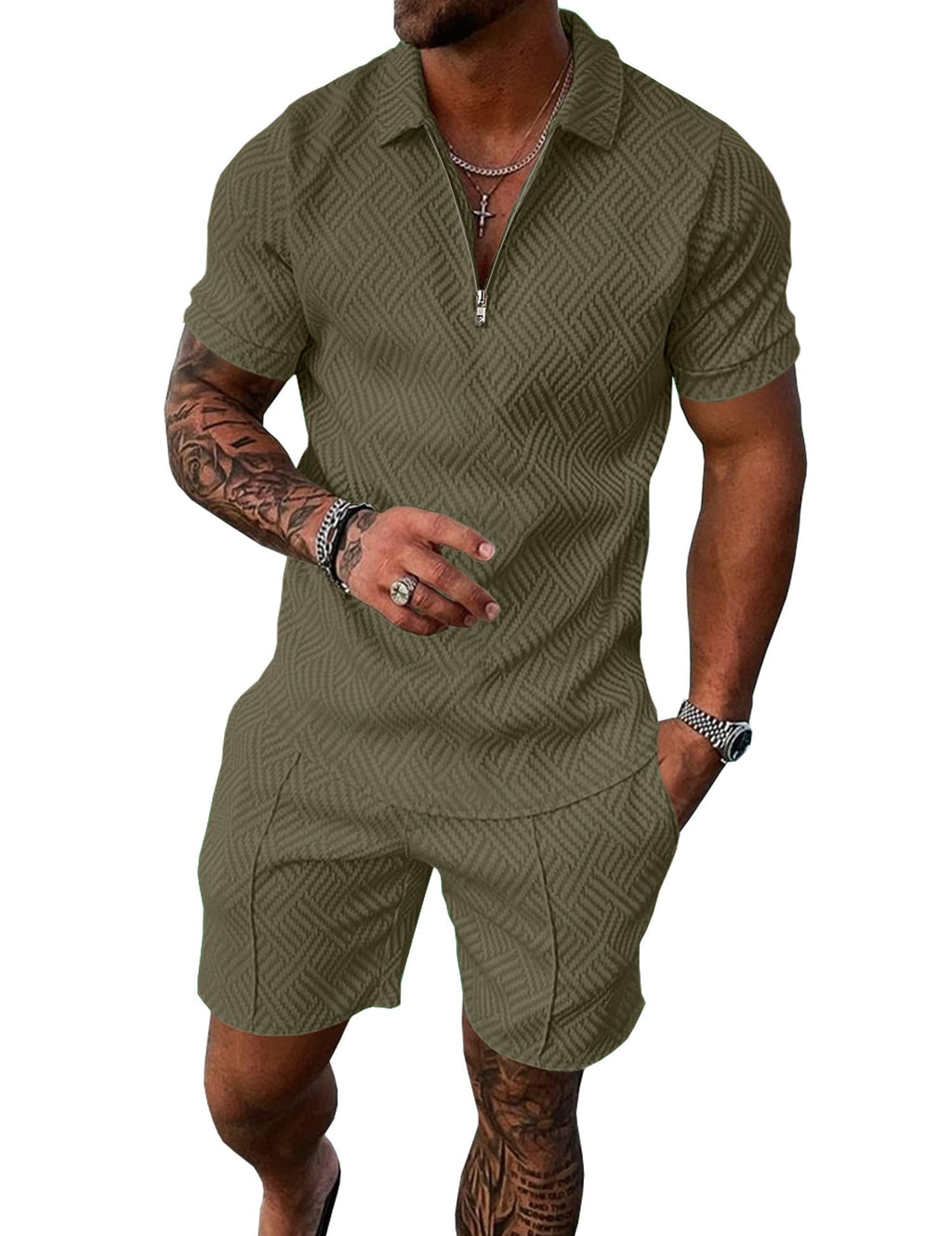 Mens Summer Track Suits 2 Piece Shorts Sets Short Sleeve Sweatsuit Outfits 1/4 Zip Golf Polo Shirts Loungewear