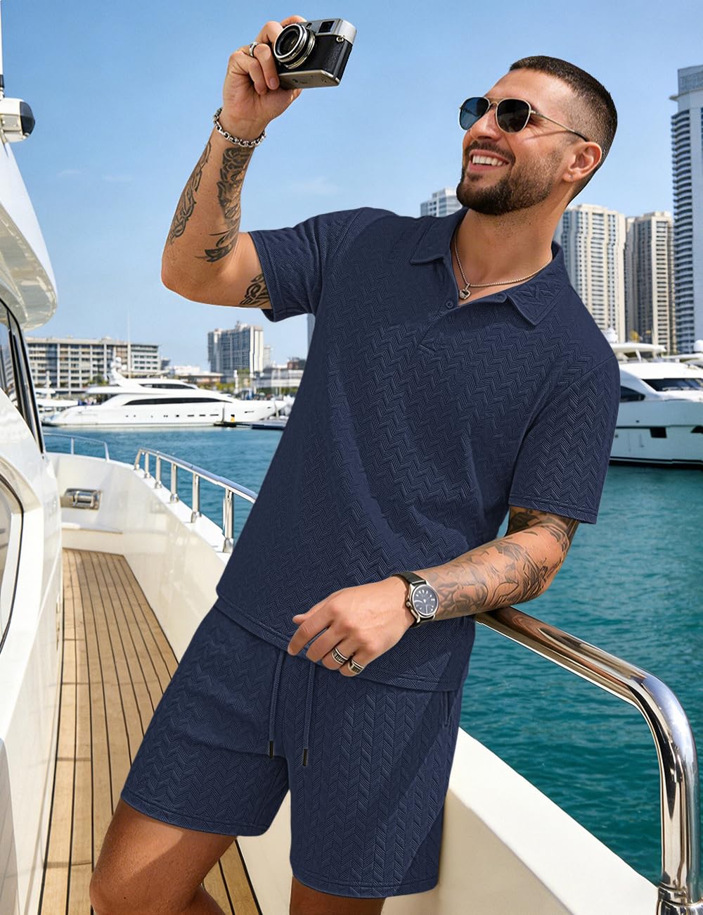Men's 2 Pieces Outfits Casual Polo Shirt and Shorts Set Collar Athletic Jogging Summer Tracksuit