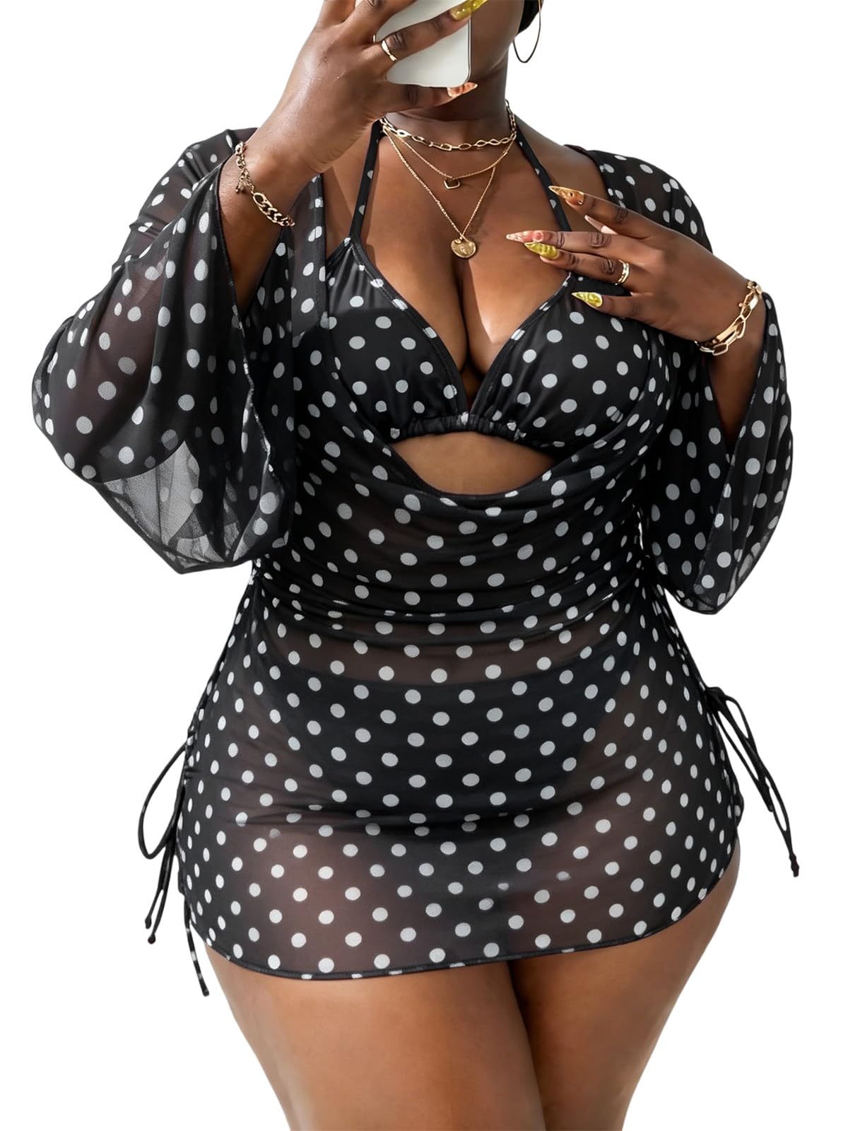 Women's Plus Size Halter String Triangle Bikini Sets 3 Piece Swimsuits with Side Ruched Drawstring Cover Up