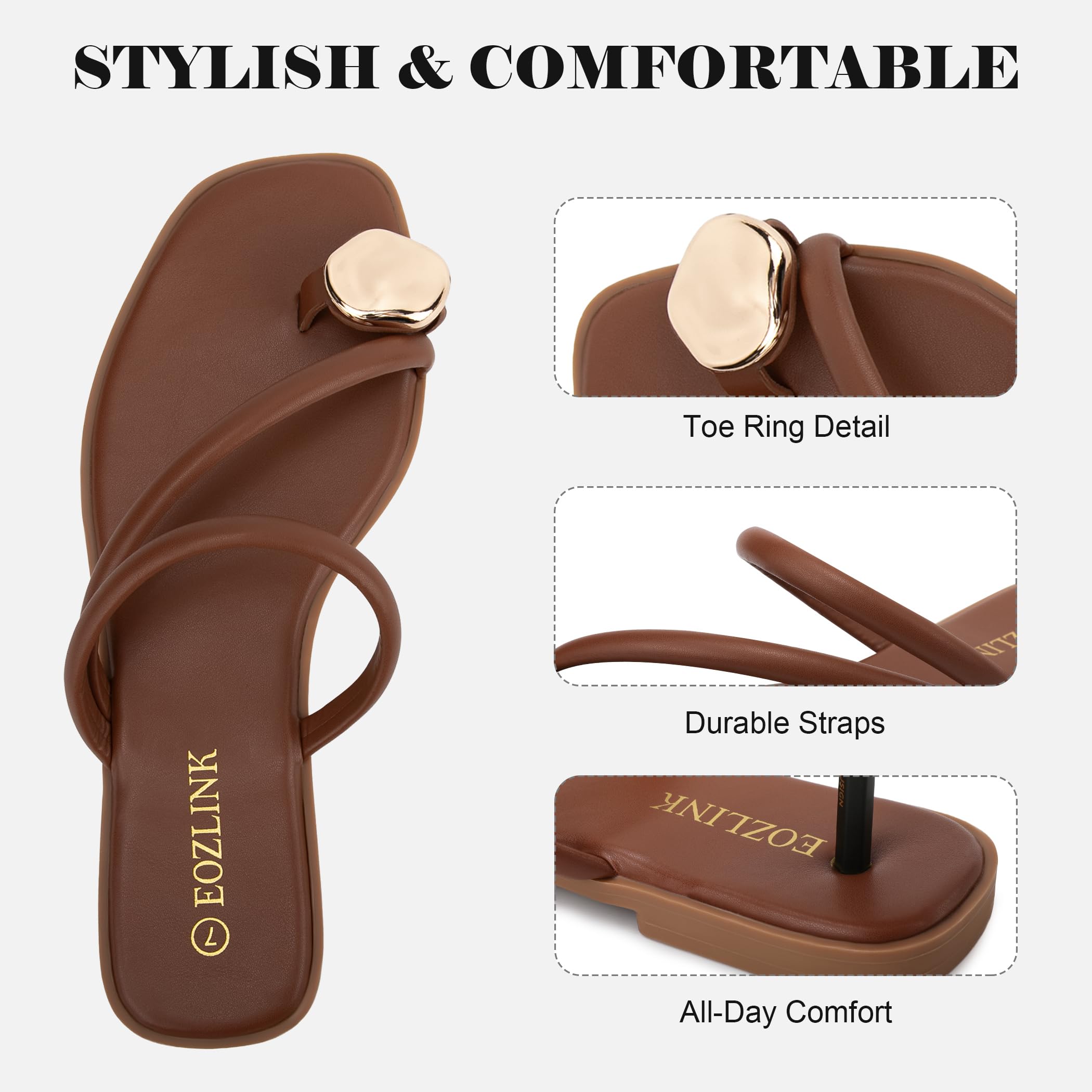 Eozlink Women's Toe Ring Flat Sandals, Slip On Dressy Summer Slides | PU Upper with Square Toe and Metal Accent for Resort and Casual Outfits