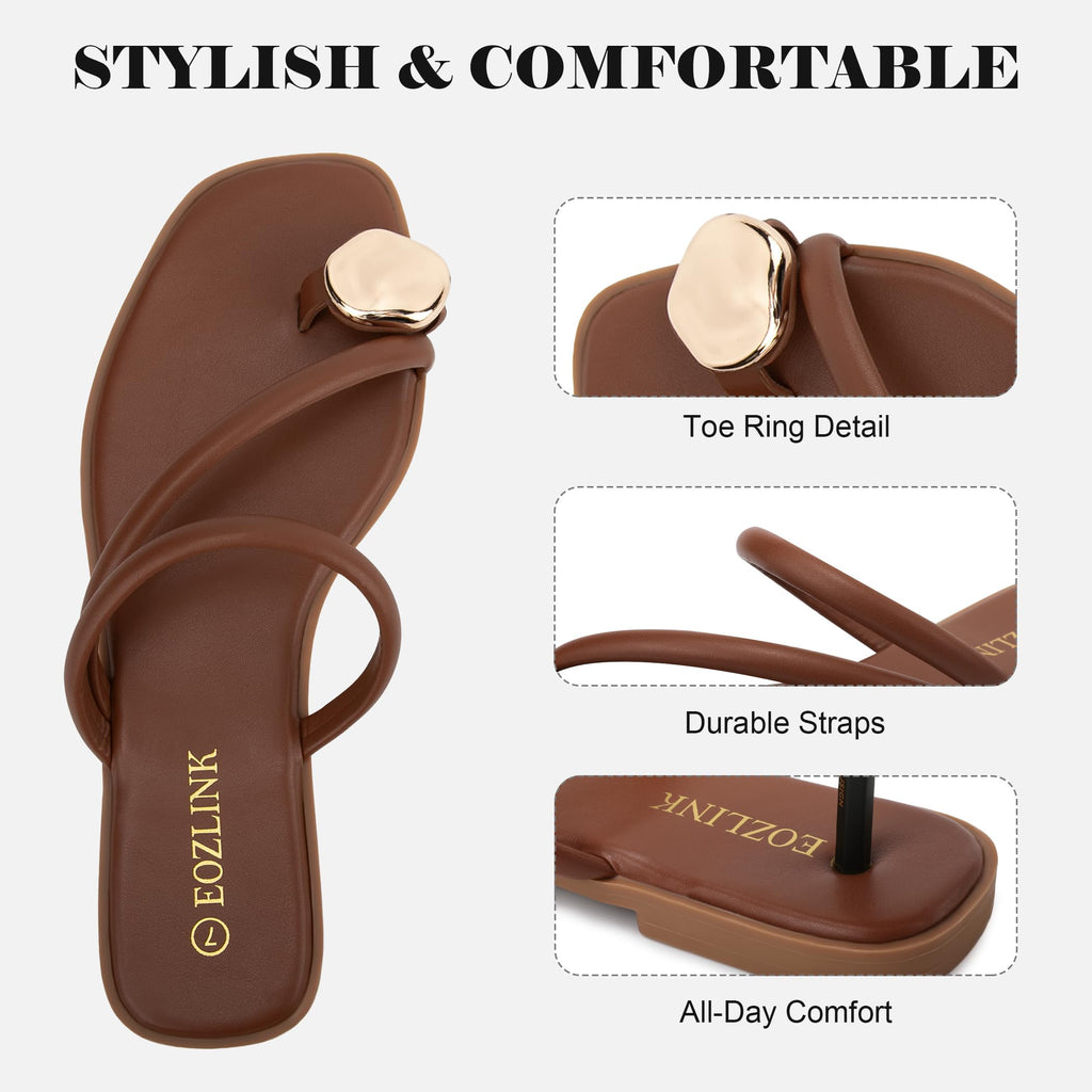 Eozlink Women's Toe Ring Flat Sandals, Slip On Dressy Summer Slides | PU Upper with Square Toe and Metal Accent for Resort and Casual Outfits