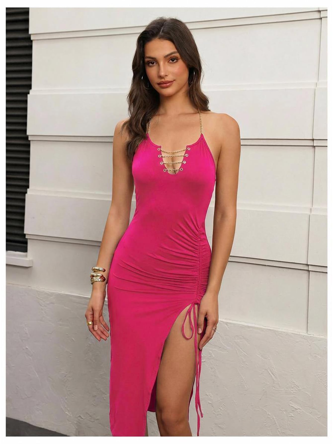 SweatyRocks Women's Sexy Halter Bodycon Backless Cocktail Dress | Ruched Midi Dresses, Rave Club Party Date Night, Summer, Side Slit Wedding Guest Outfits