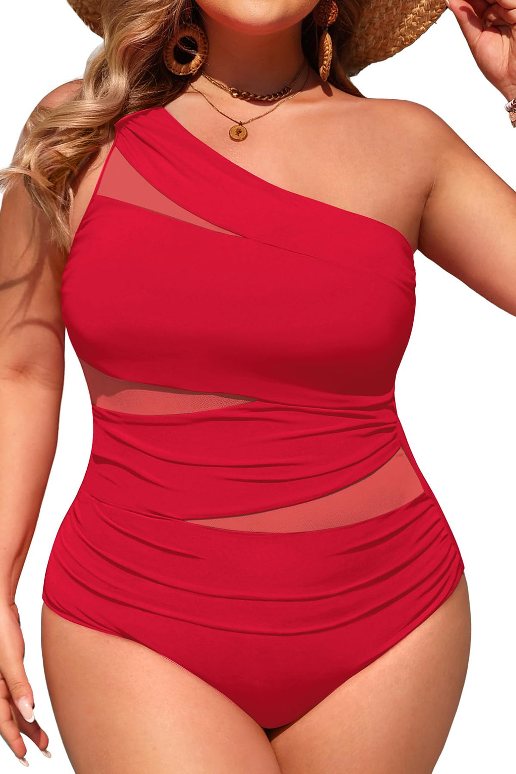 Plus Size One Piece Swimsuit for Women - One Shoulder Bathing Suit | Removable and Adjustable Strap, Detachable pads, Flatter midsection via front mesh, Drape diagonal folds to hide bulk
