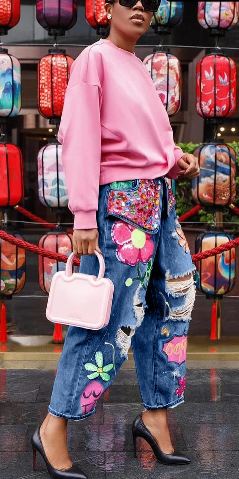 Women's Barrel Jeans Wide Leg High Waist Rhinestone Floral Horseshoe Ripped Baggy Cropped Jeans Denim Pants