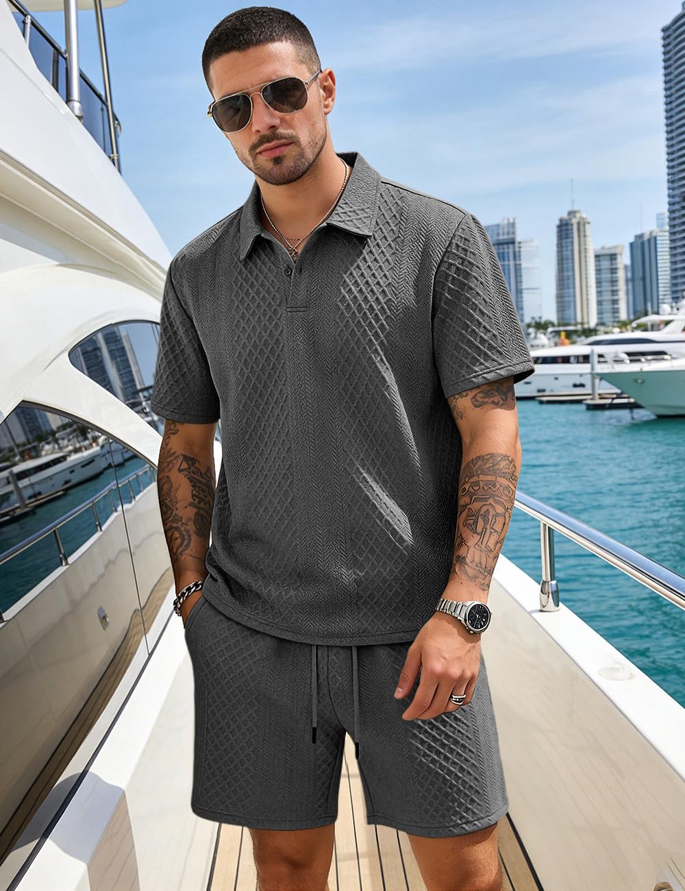 Men's 2 Pieces Outfits Casual Polo Shirt and Shorts Set Collar Athletic Jogging Summer Tracksuit