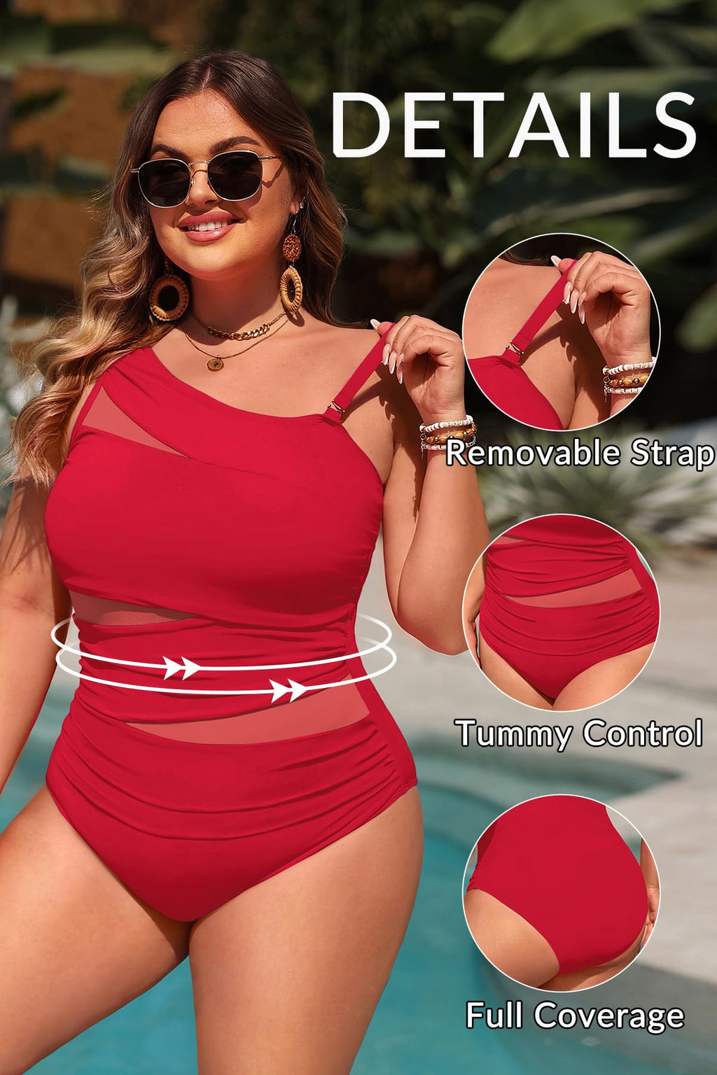 Plus Size One Piece Swimsuit for Women - One Shoulder Bathing Suit | Removable and Adjustable Strap, Detachable pads, Flatter midsection via front mesh, Drape diagonal folds to hide bulk