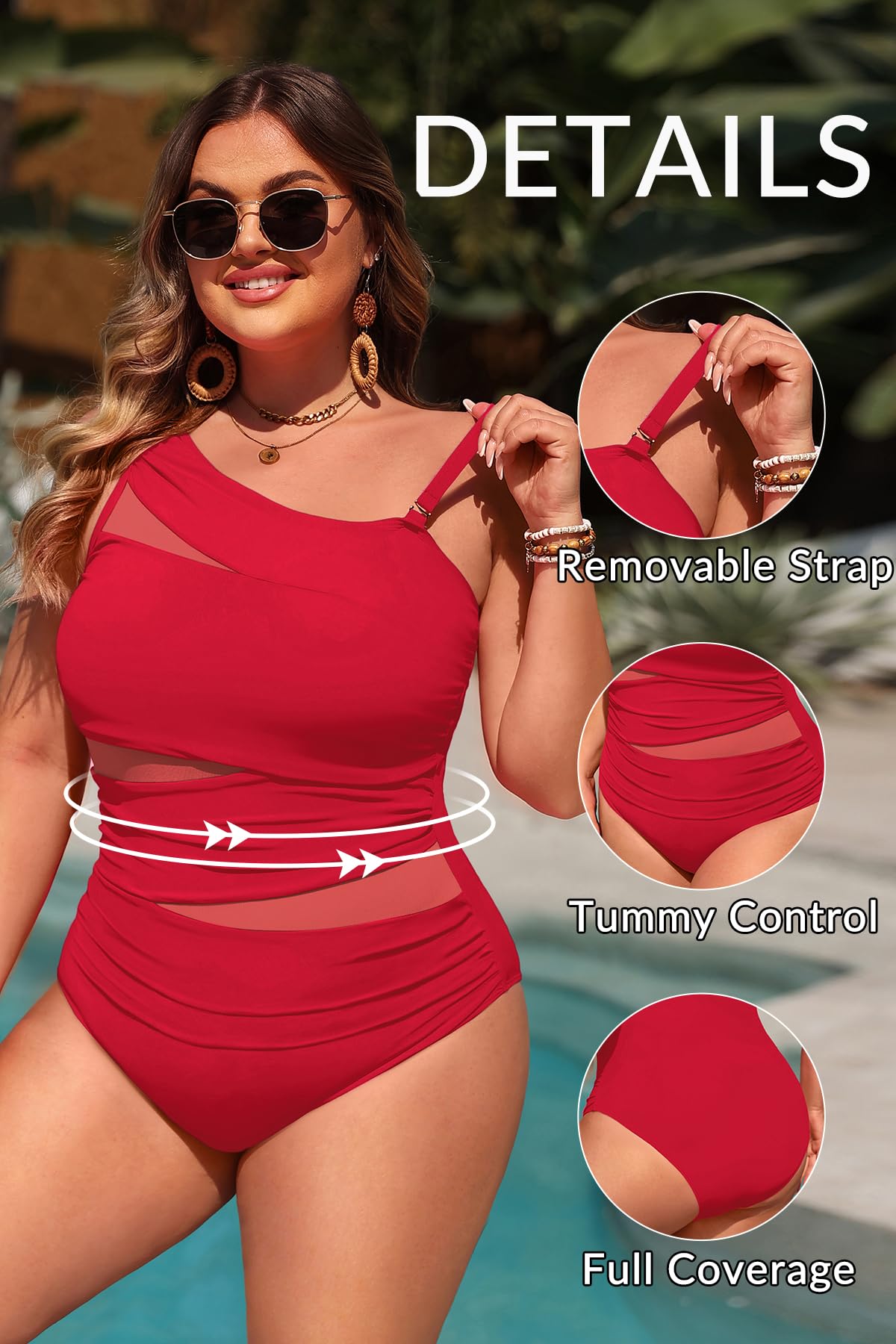 Plus Size One Piece Swimsuit for Women - One Shoulder Bathing Suit | Removable and Adjustable Strap, Detachable pads, Flatter midsection via front mesh, Drape diagonal folds to hide bulk