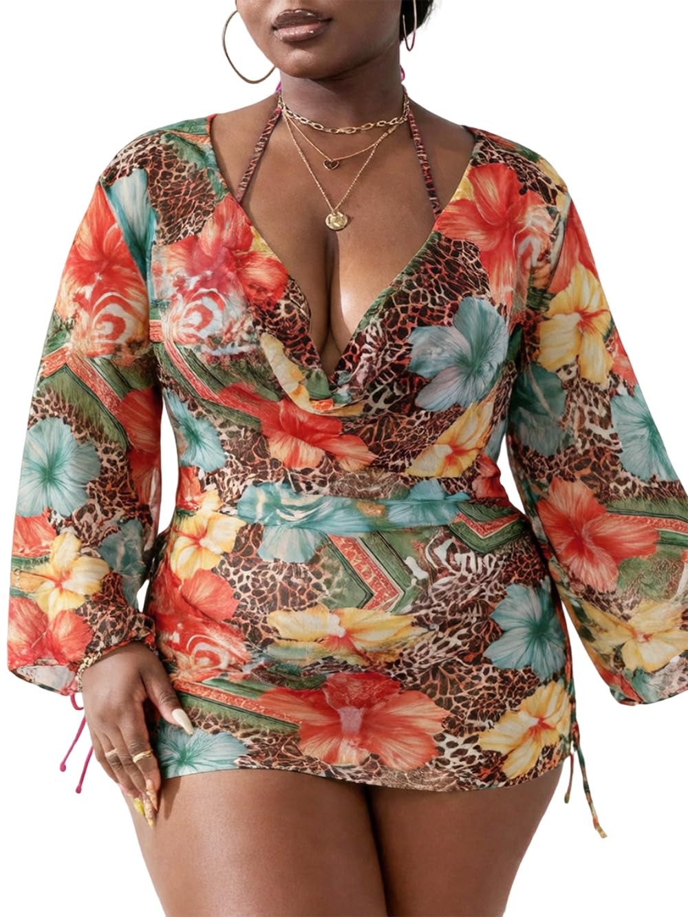 WODECASA Women's Plus Size 3 Piece Swimsuits Halter Triangle Bikini Set with Drawstring Semi Sheer Cover Up Bathing Suit