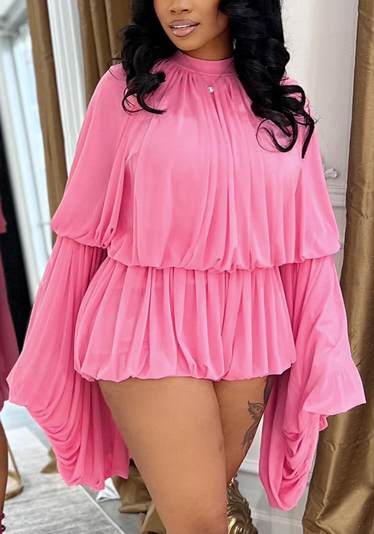 LETSVDO Shorts Sets Women 2 Piece Outfits Mock Neck Bell Sleeve Chiffon Top Blouse Pleated Ruffle Bubble Short Set Romper