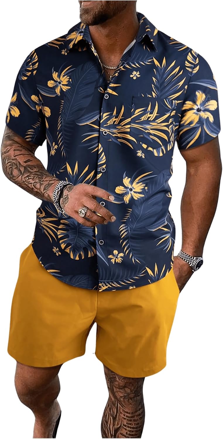 WDIRARA Men's Summer Button Front Two Piece Short Set Beach Wear Outfits
