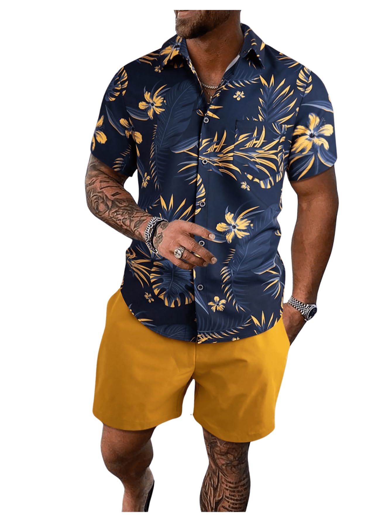 WDIRARA Men's Summer Button Front Two Piece Short Set Beach Wear Outfits