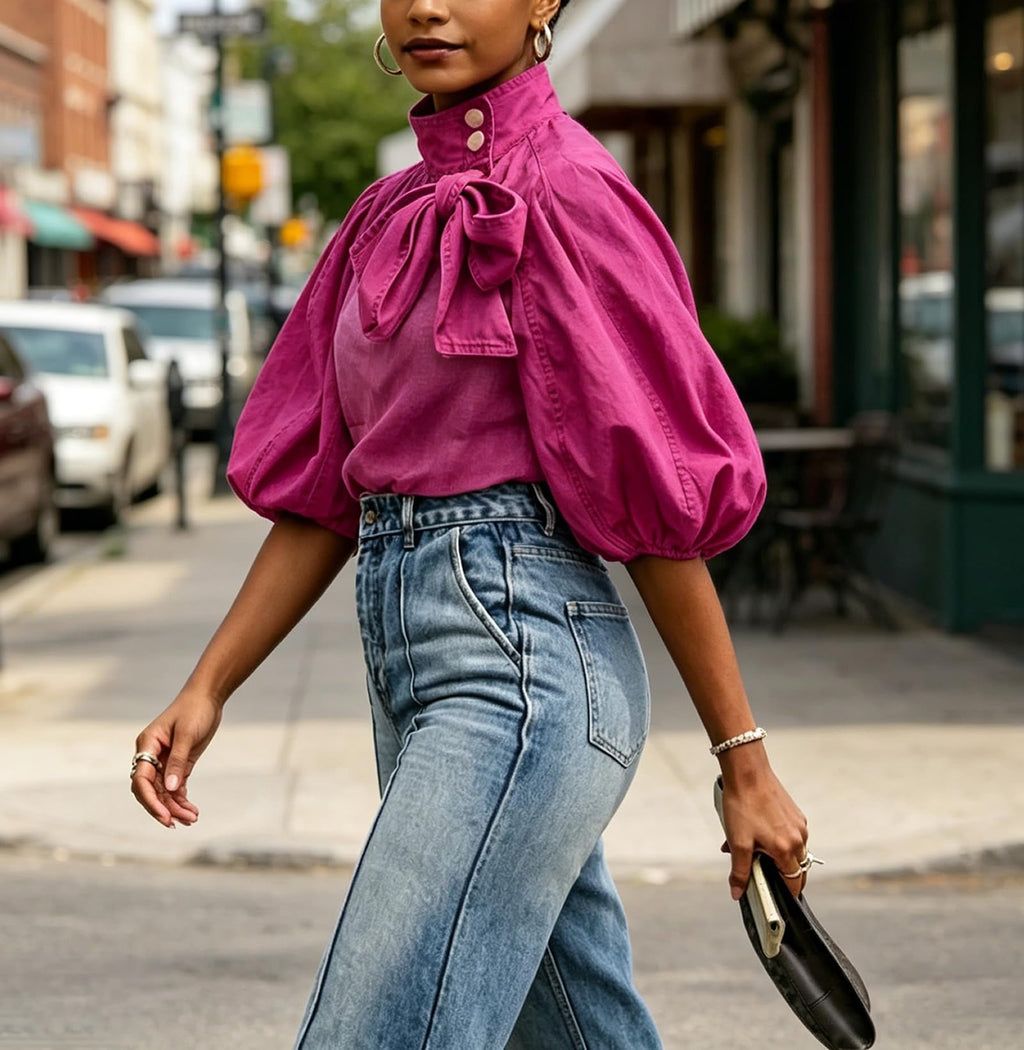 Women's Bow Design Denim Pullover Top Button Up High Neck Fashionable Jacket with Elastic and Puff Sleeves