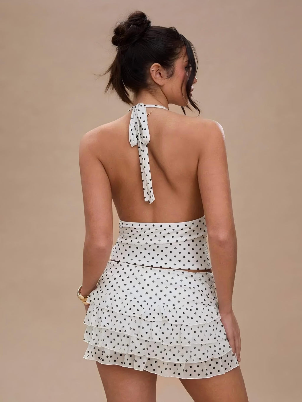 Women Summer Polka Dot Set Halter Mini Tiered Skirt Set | Built in shorts, Ruched Waist, Tiered Ruffle, Mesh outer layer, ideal for going out, vacation, birthday, night out