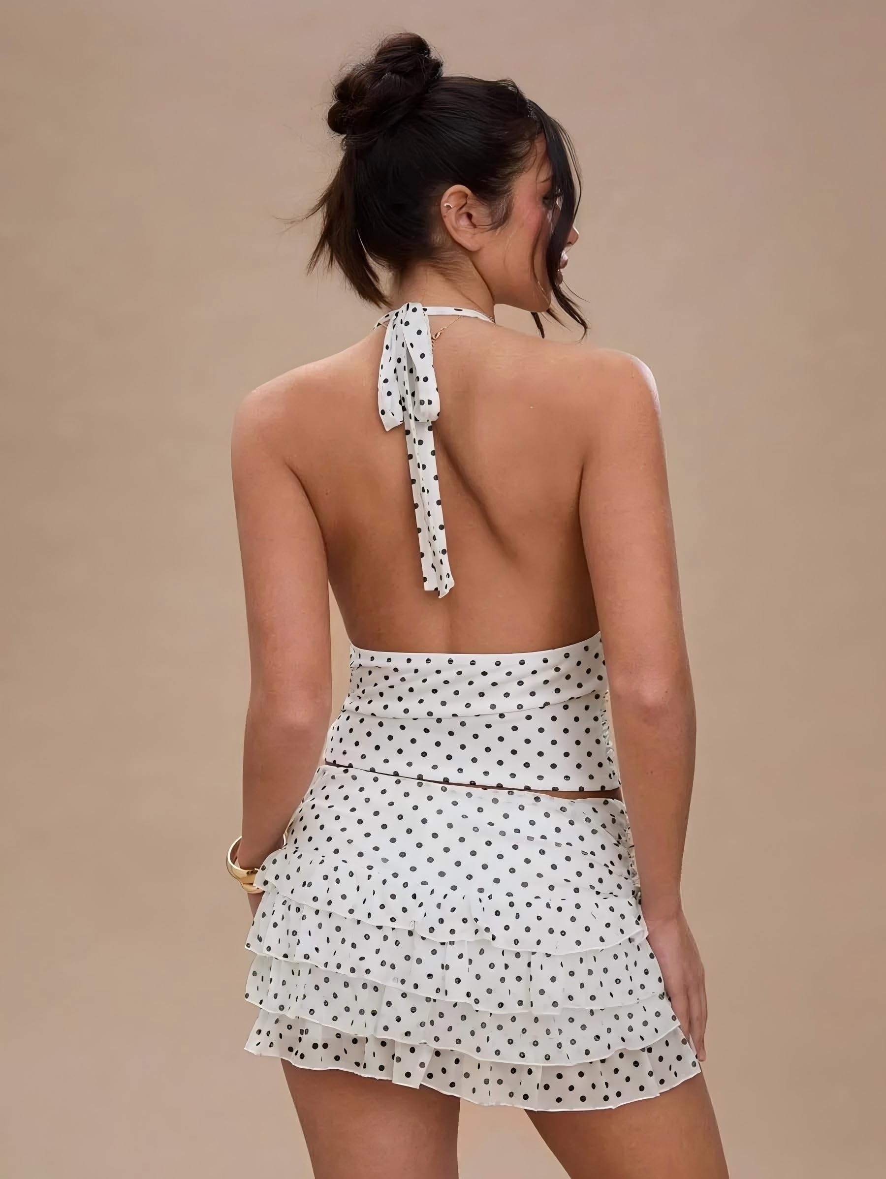 Women Summer Polka Dot Set Halter Mini Tiered Skirt Set | Built in shorts, Ruched Waist, Tiered Ruffle, Mesh outer layer, ideal for going out, vacation, birthday, night out