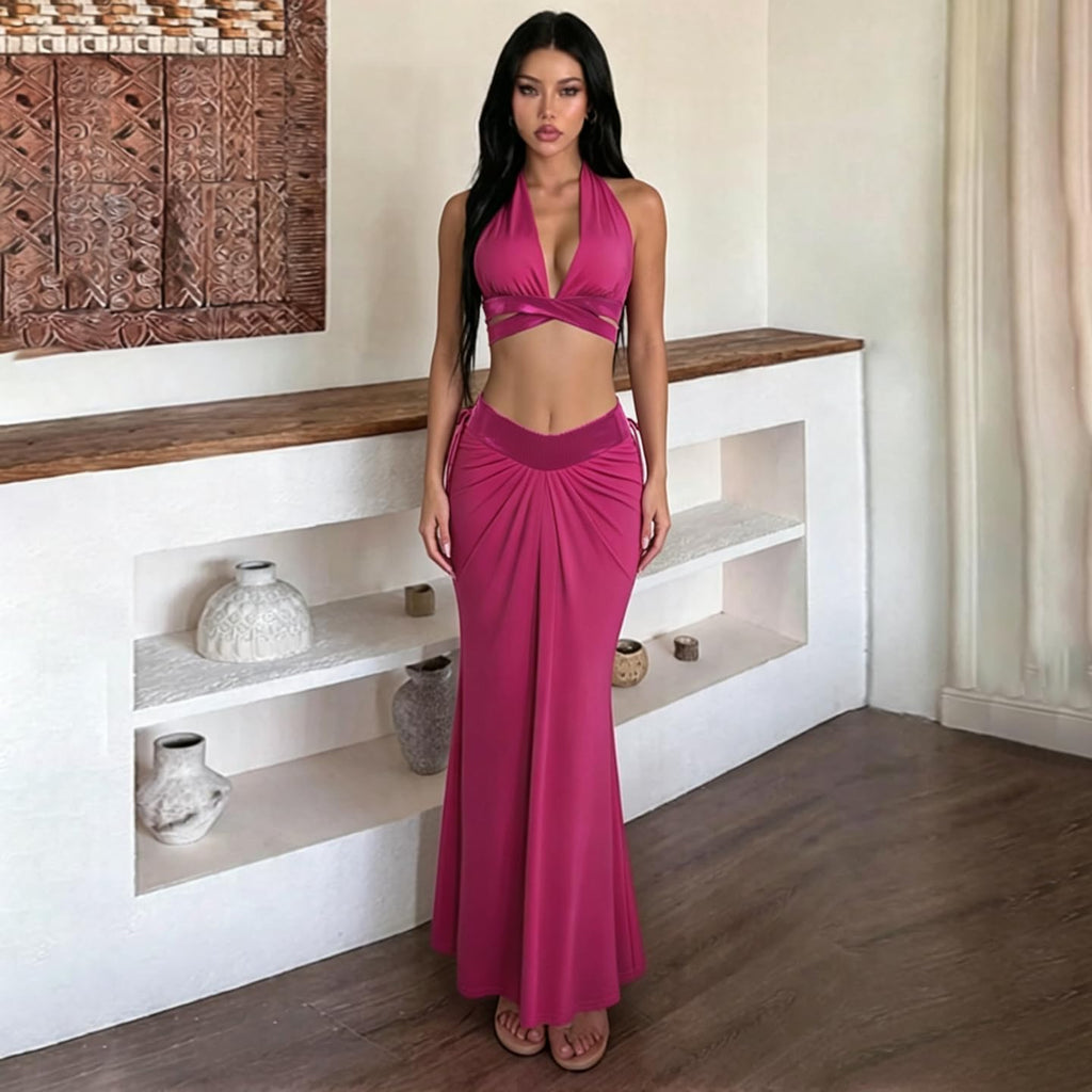 VOIKERDR Party Outfits for Women Halter Deep V Cross Wrap Crop Top Front Ruched Maxi Skirt Sets Women 2 Piece Outfits