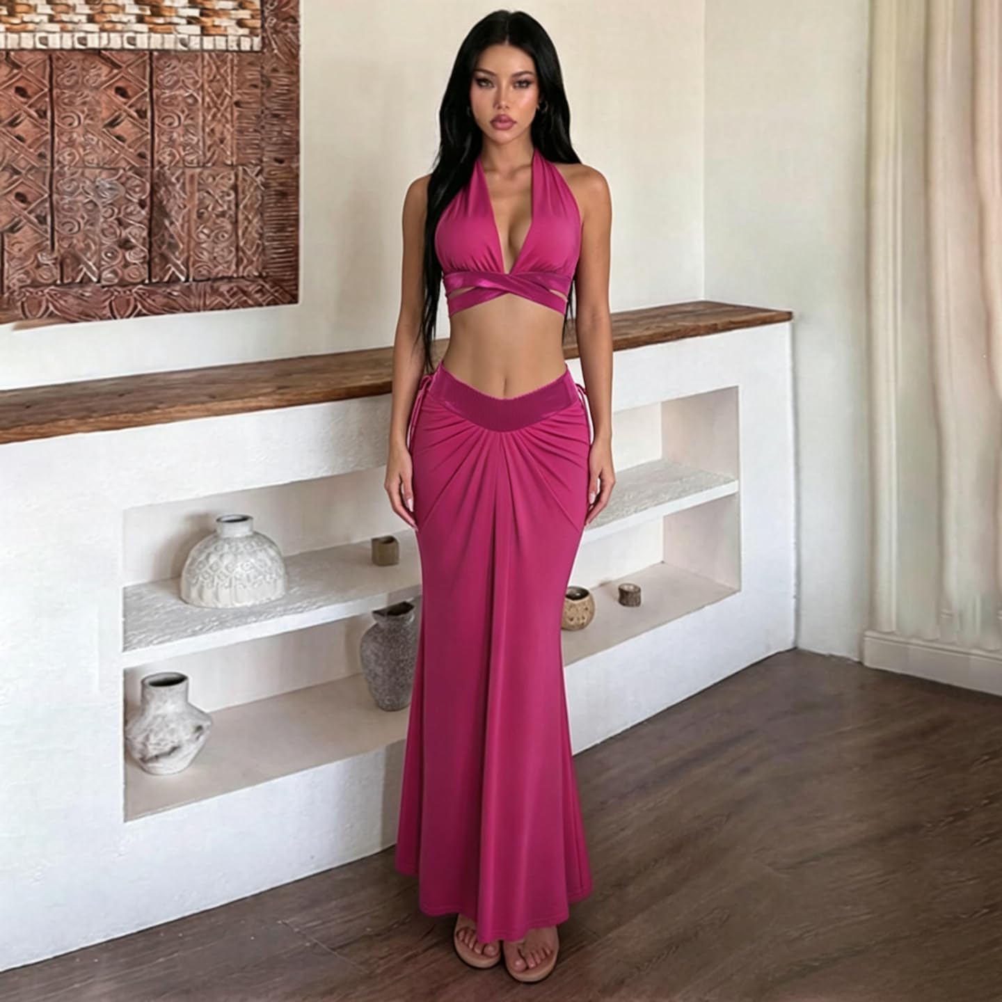 VOIKERDR Party Outfits for Women Halter Deep V Cross Wrap Crop Top Front Ruched Maxi Skirt Sets Women 2 Piece Outfits