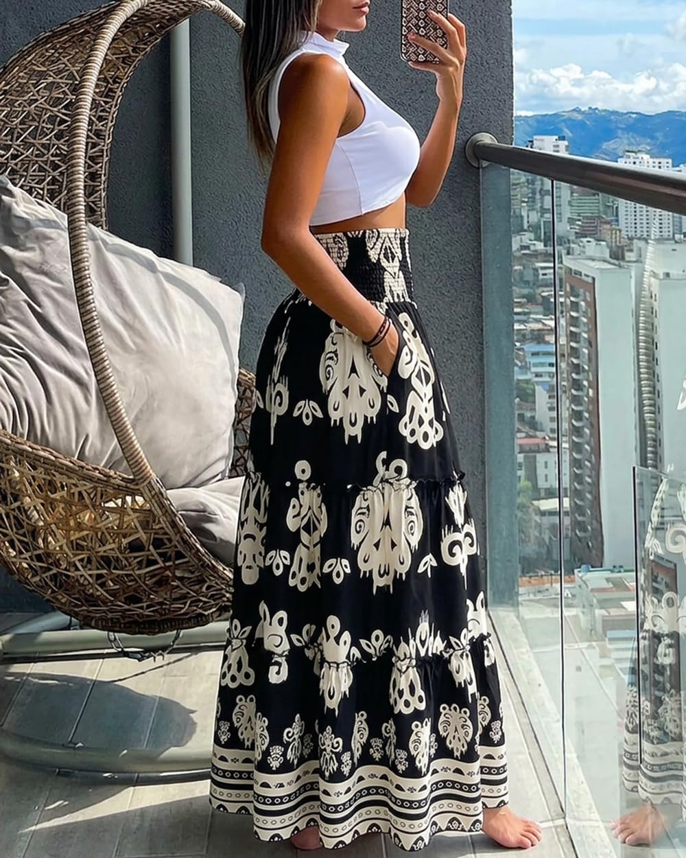 CHICME Women's Boho Floral Summer Maxi Skirt with Pockets Vacation Outfit | Shirred High Waist, Ruffle Hem, Lightweight Comfortable Fabric, A-Line Long Flowy Skirt for Beach, Travel & Daily Wear