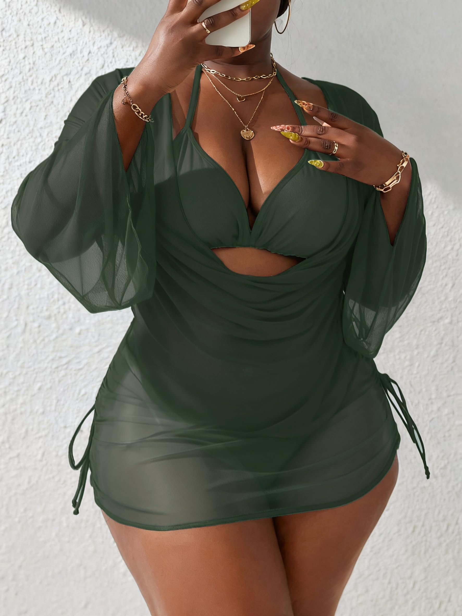 Women's Plus Size Halter String Triangle Bikini Sets 3 Piece Swimsuits with Side Ruched Drawstring Cover Up