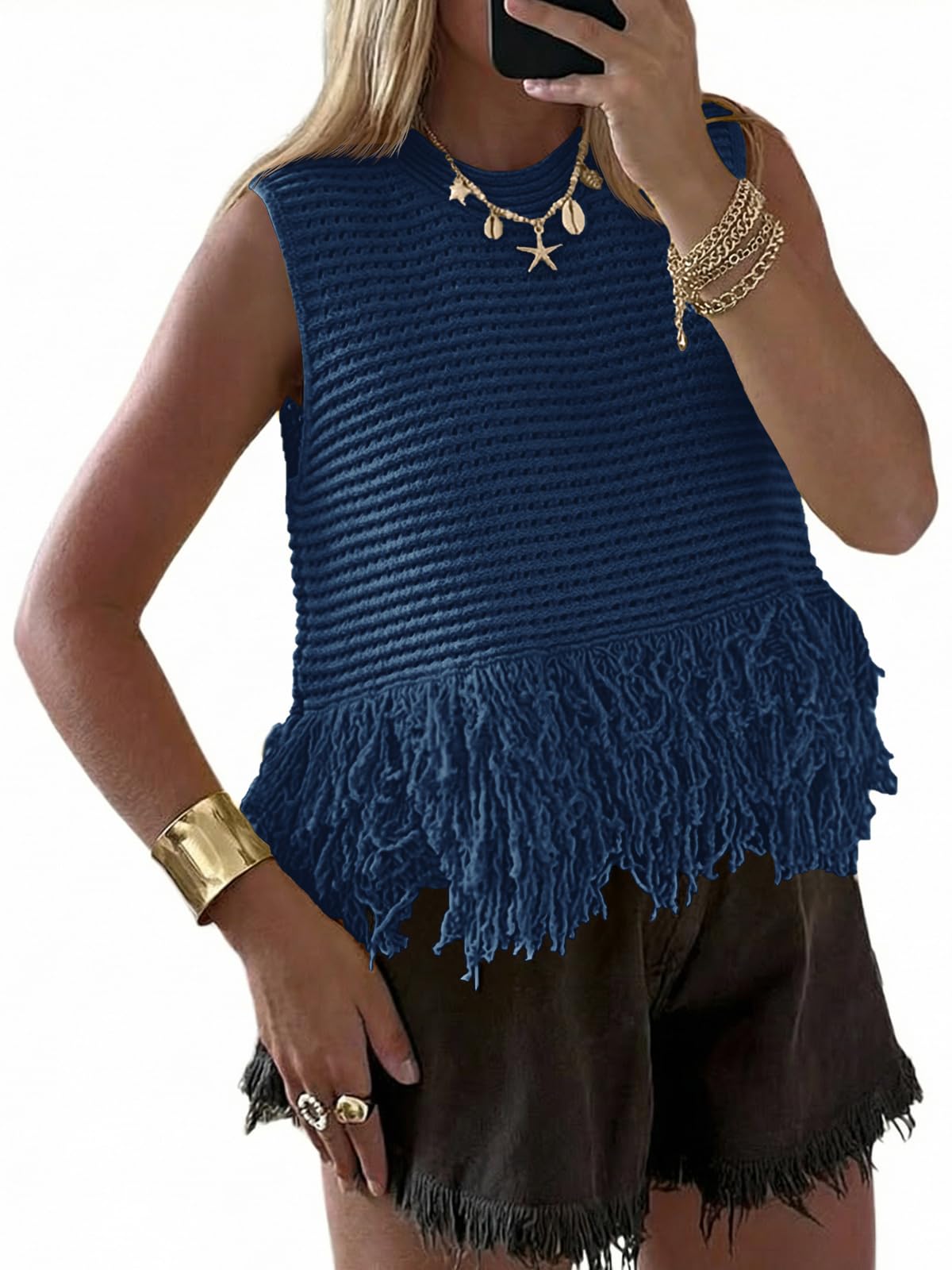 Saodimallsu Womens Crochet Crop Tank Tops Fringe Boho Summer Sweater Vest | Sleeveless,Crew Neck,Soft Knit,Summer Going Out Top,Resort Wear,Beach Vacation Outfits,Spring Fashion
