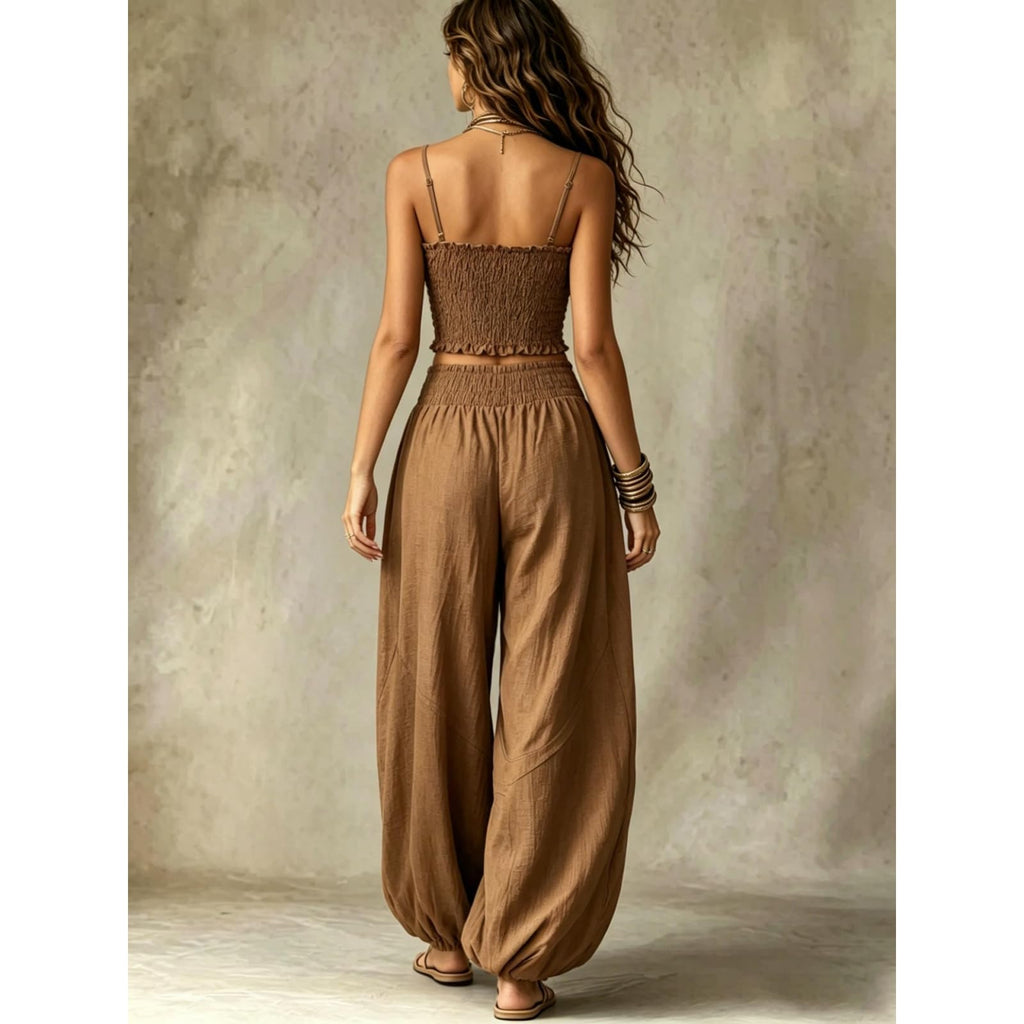2 Piece Outfit for Women Sleeveless Crop Top and Wide Leg Pants Set Summer Loose Smocked Casual Beach Matching Sets