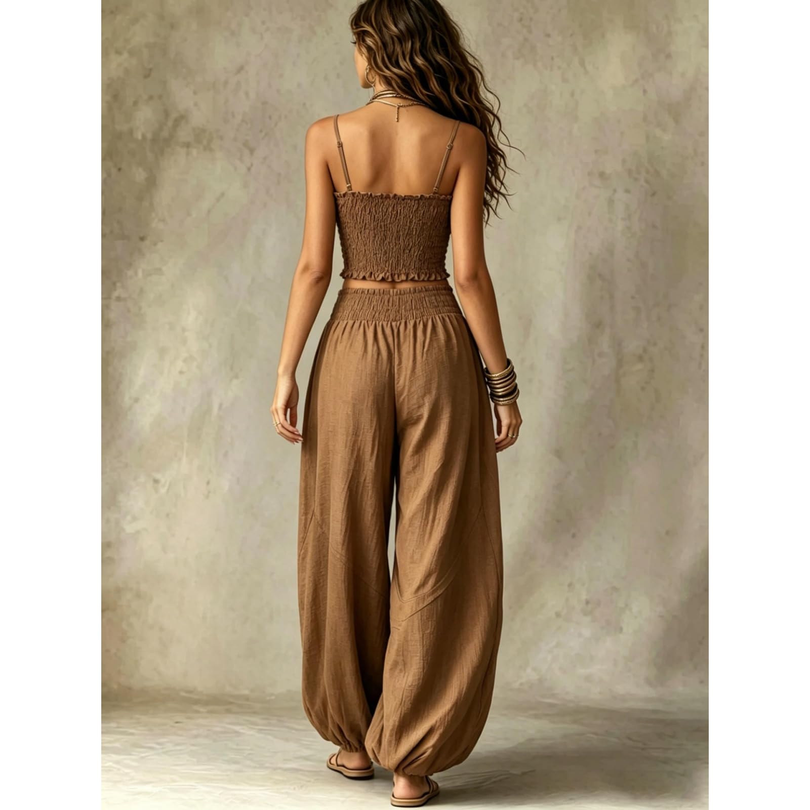 2 Piece Outfit for Women Sleeveless Crop Top and Wide Leg Pants Set Summer Loose Smocked Casual Beach Matching Sets