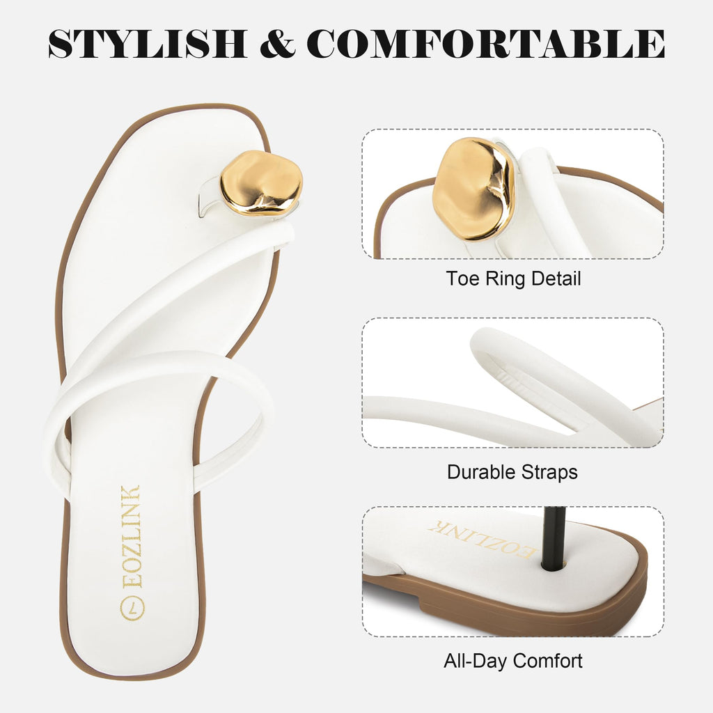Eozlink Women's Toe Ring Flat Sandals, Slip On Dressy Summer Slides | PU Upper with Square Toe and Metal Accent for Resort and Casual Outfits