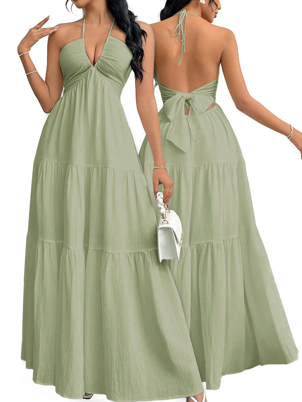 Narecte Women's Maxi Summer Dresses Halter V Neck Beach Dresses for Women A-Line Casual Dress for Vacation