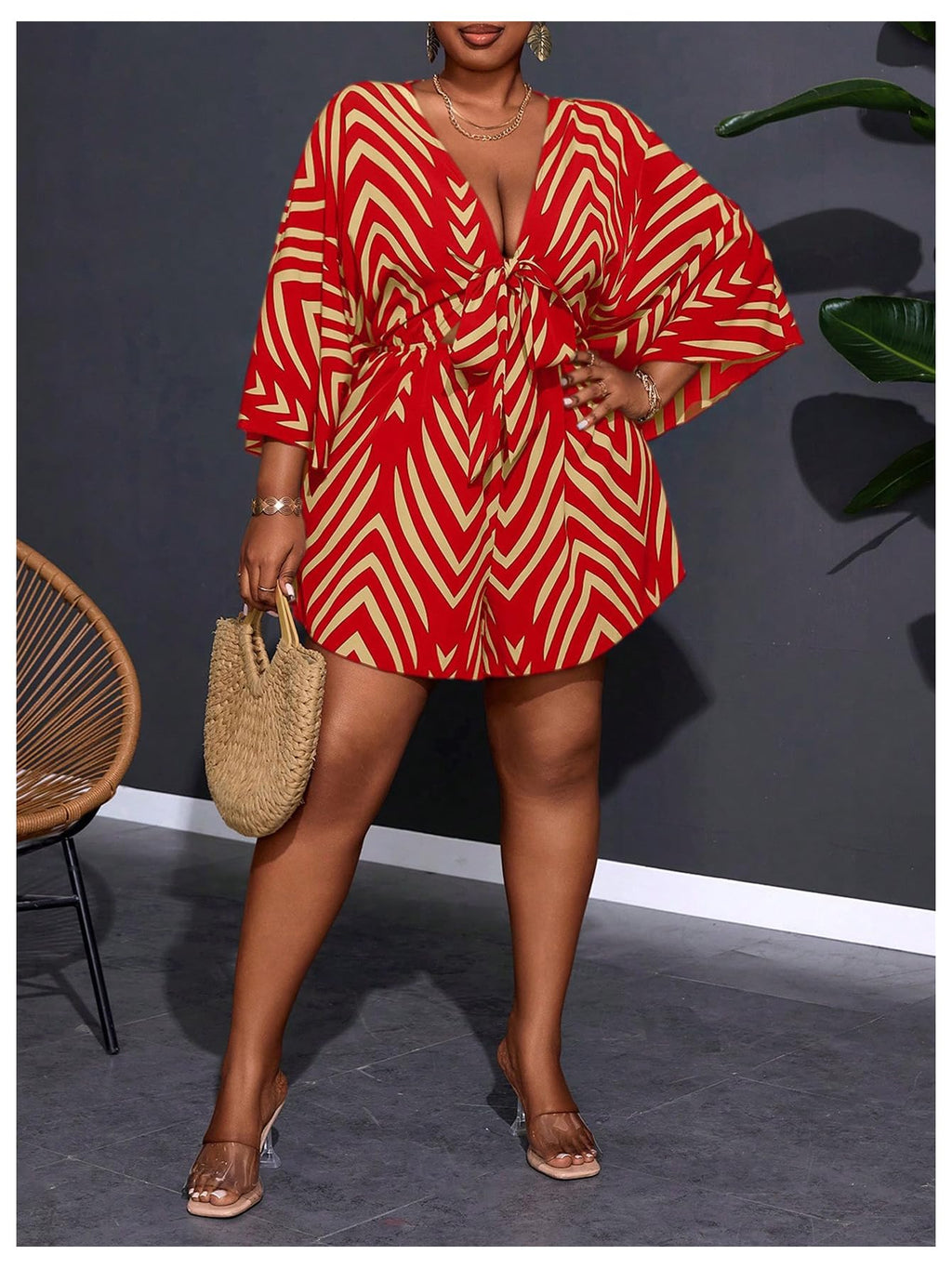 SOLY HUX Women's Plus Size Striped Tie Front Short Jumpsuit | V Neck, 3/4 Sleeve, Loose, Romper