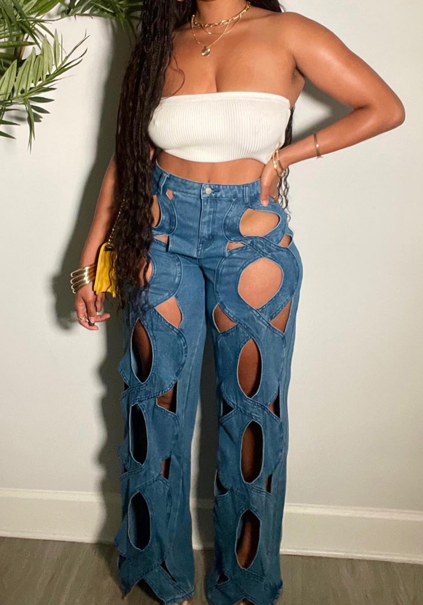 Vaceky Women's Twist Cutout Wide Leg Jeans Lightweight Denim Pant | Modern Patchwork Detail for Brunch, City Outings & Weekend Looks