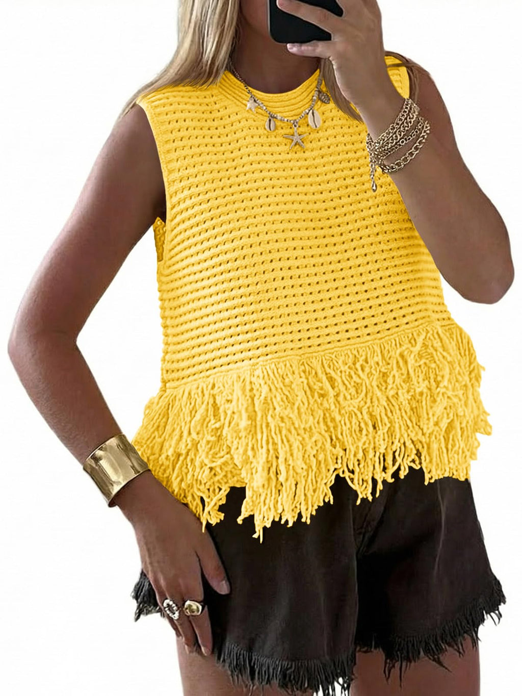 Saodimallsu Womens Crochet Crop Tank Tops Fringe Boho Summer Sweater Vest | Sleeveless,Crew Neck,Soft Knit,Summer Going Out Top,Resort Wear,Beach Vacation Outfits,Spring Fashion