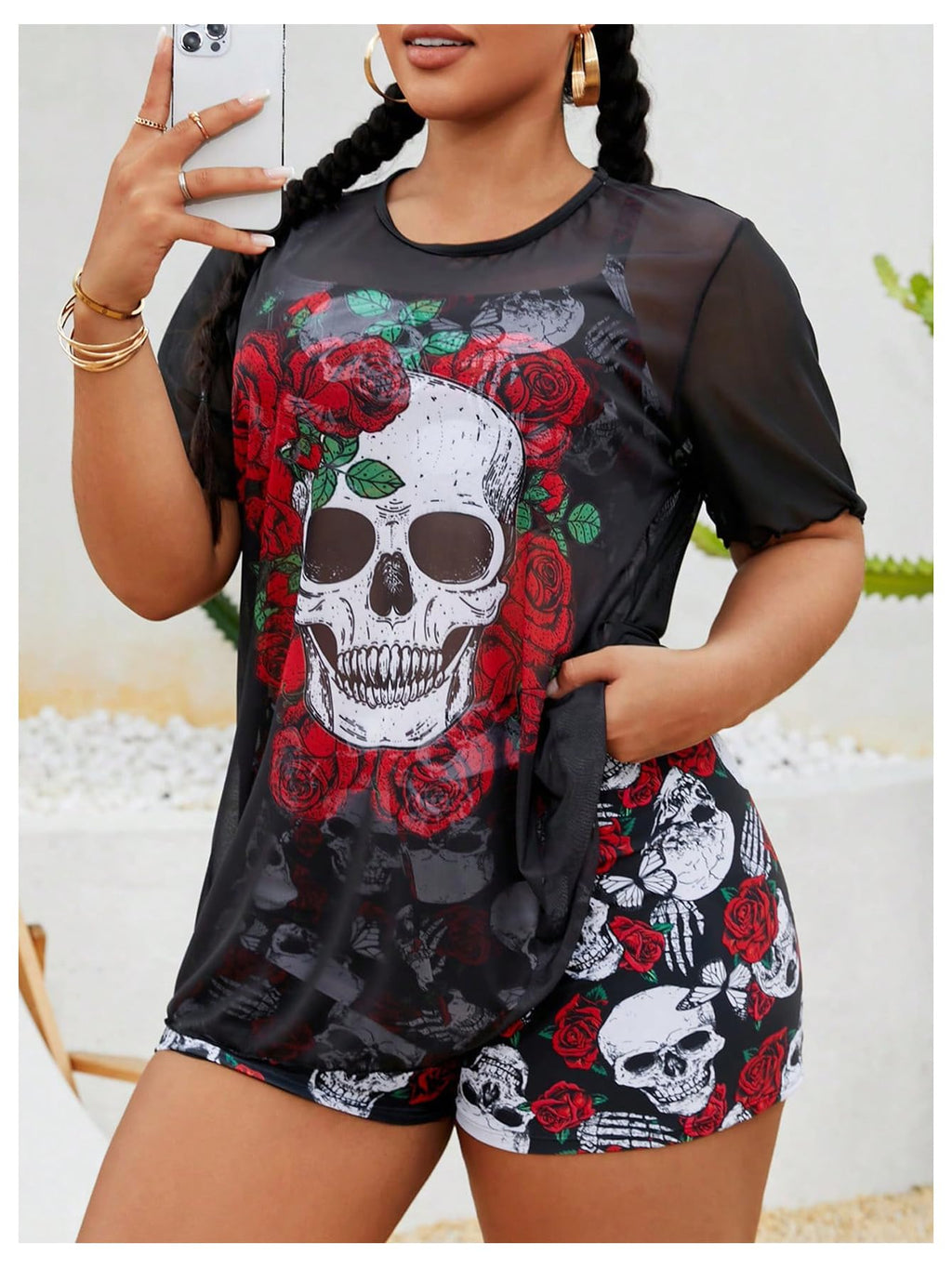 Women's 3 Piece Plus Size Swimsuit Tankini Shorts Set High Waisted Bathing Suit Graphic Beachwear with Mesh Cover Up