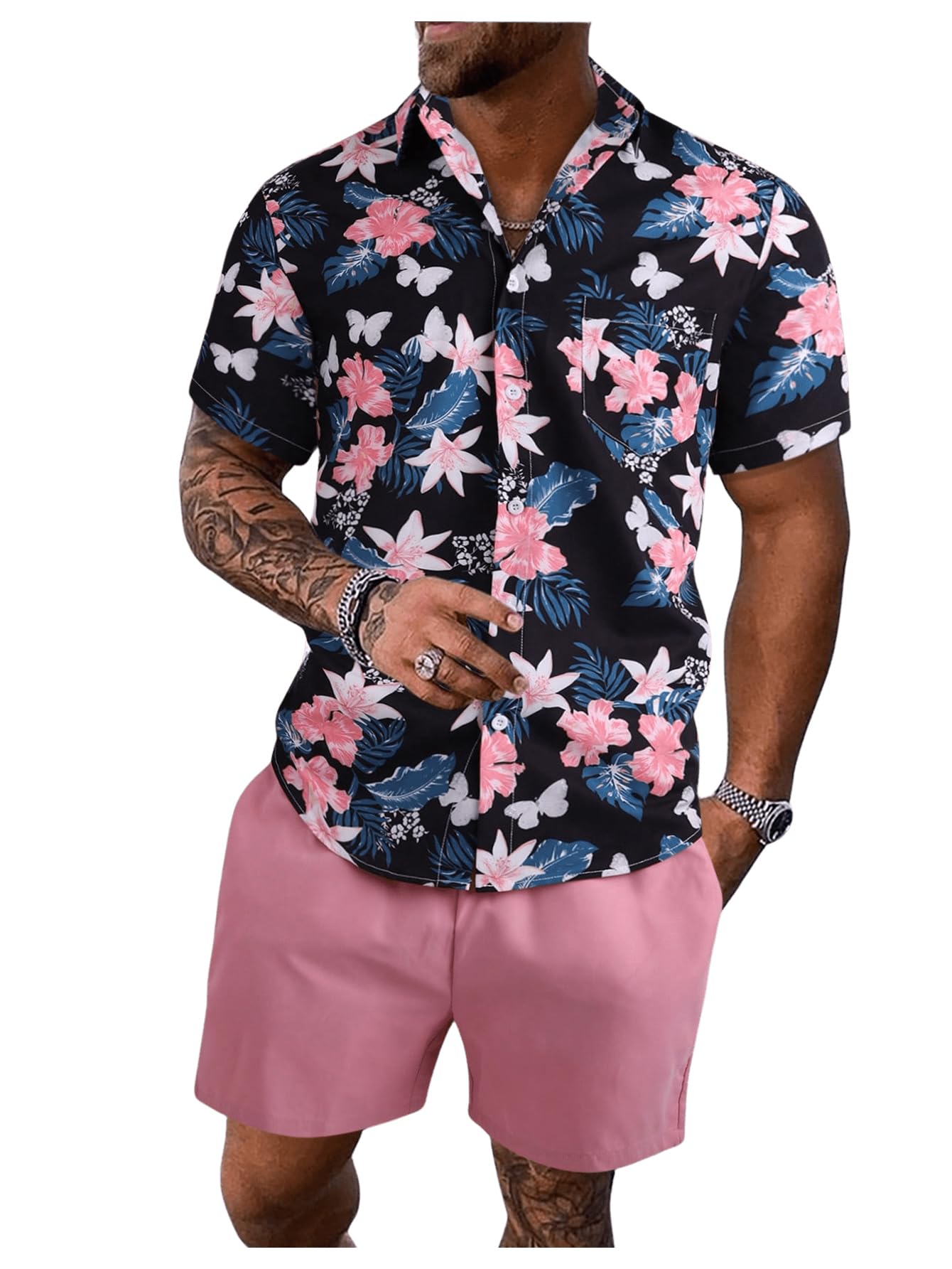 GORGLITTER Men's Cruise Rave Vacation Matching Outfits 2 Piece Short Sets | Mens Summer Beach Outfits, 2 Piece Shorts Set, Couples Travel Outfits, Hawaiian Shirts