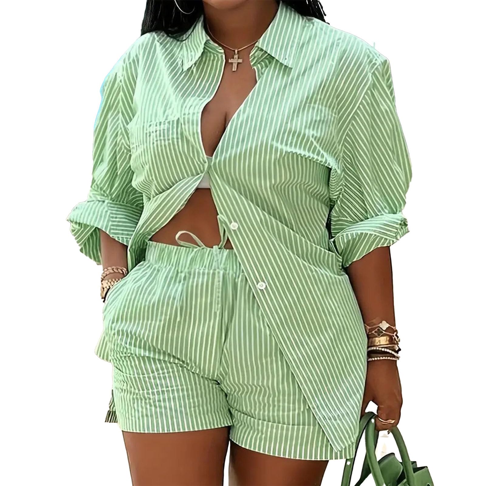 Mandonce 2 Piece Outfits for Women Long Sleeve Printed Shirt and Elastic Lace-Up Shorts with Pockets Beach Vacation Clothes