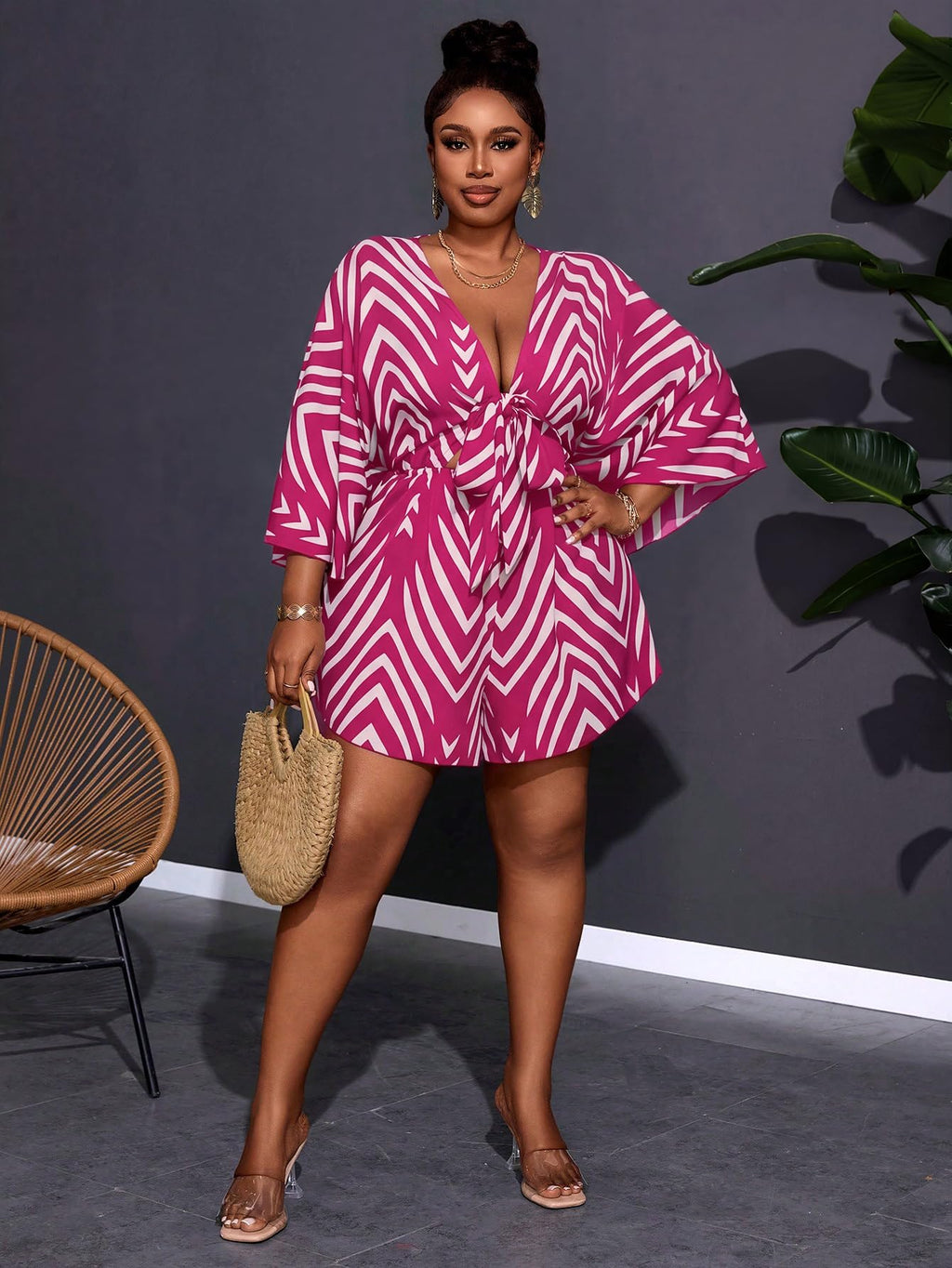 SOLY HUX Women's Plus Size Striped Tie Front Short Jumpsuit | V Neck, 3/4 Sleeve, Loose, Romper
