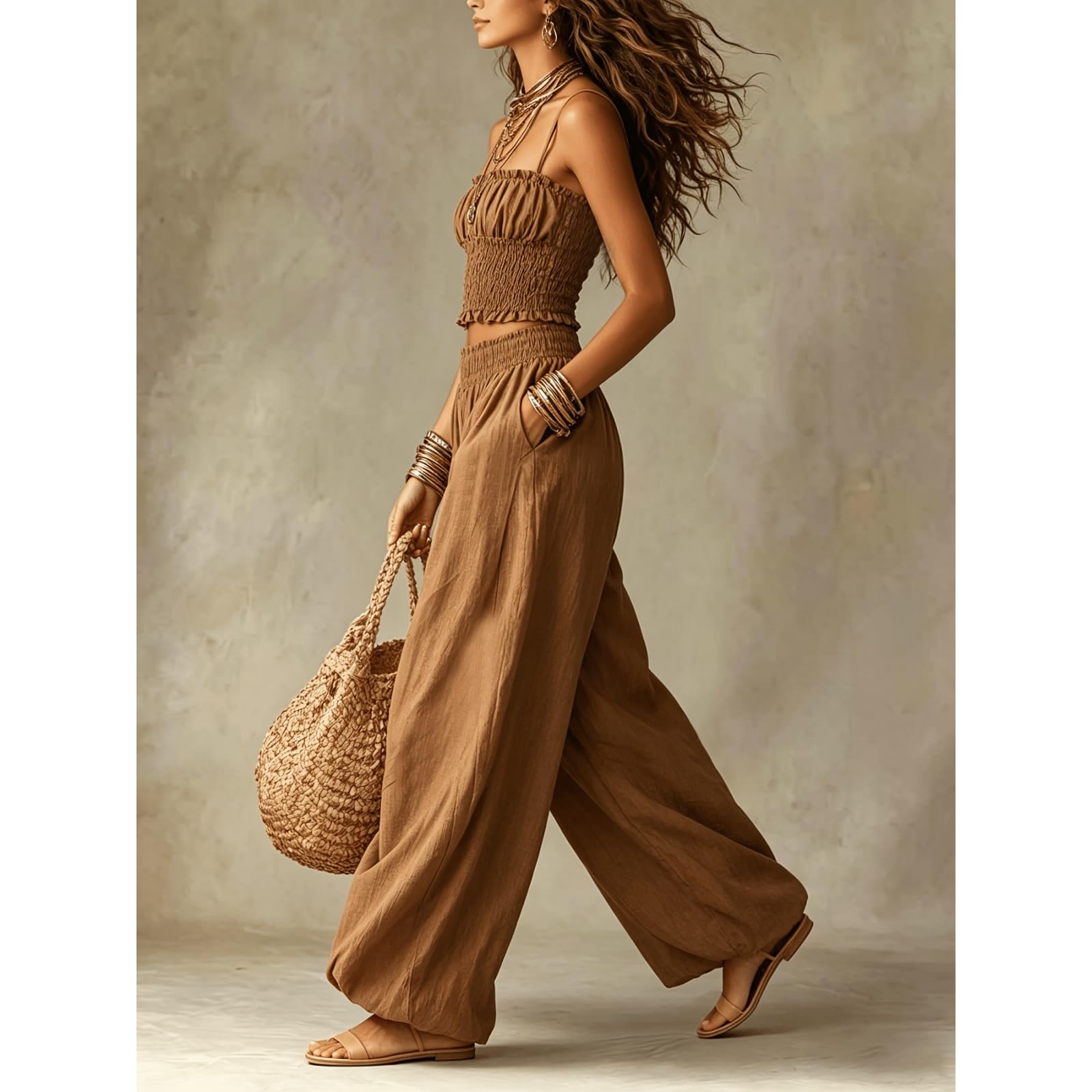 2 Piece Outfit for Women Sleeveless Crop Top and Wide Leg Pants Set Summer Loose Smocked Casual Beach Matching Sets