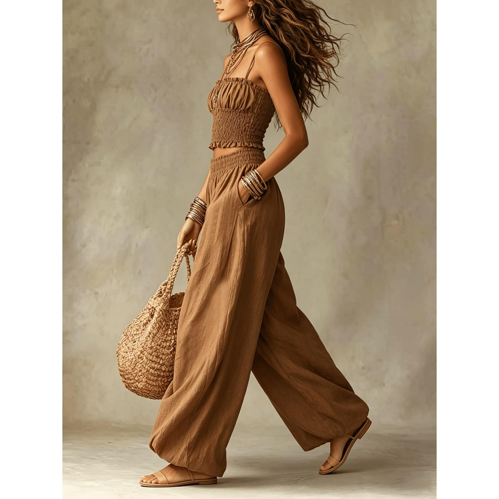 2 Piece Outfit for Women Sleeveless Crop Top and Wide Leg Pants Set Summer Loose Smocked Casual Beach Matching Sets