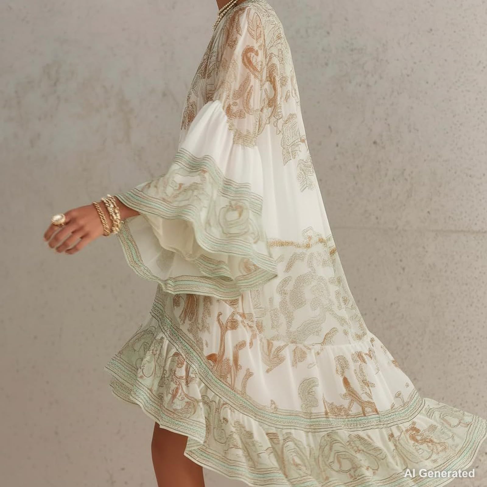 Women's Vintage Boho Chiffon Dress Navy Blue Baroque Print High Neck Irregular Lantern Sleeve Dress Casual Party Vacation