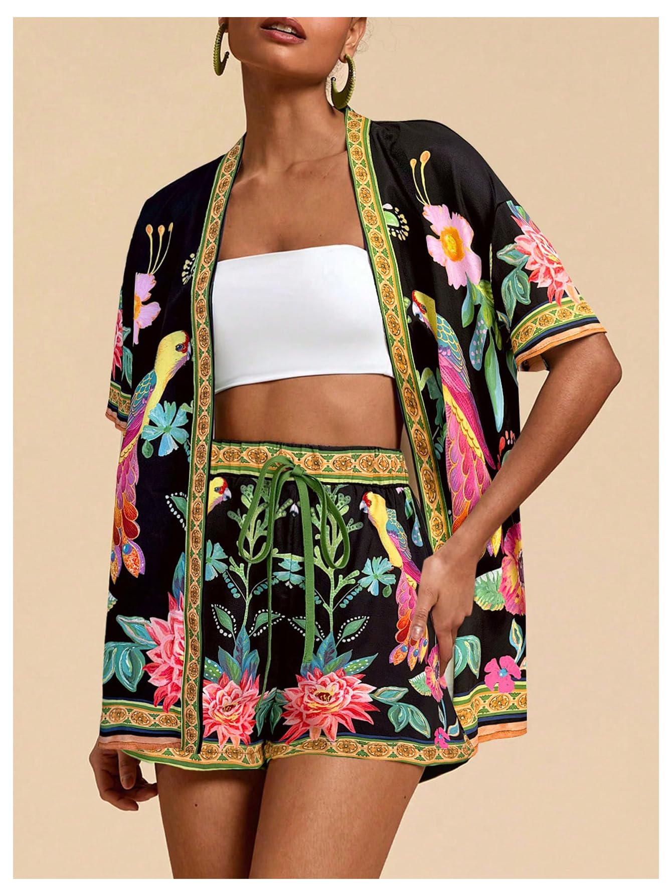 MakeMeChic Women's Two Piece Sets Summer Tropical Vacation Outfits Boho Floral Kimono Tops Shorts Set