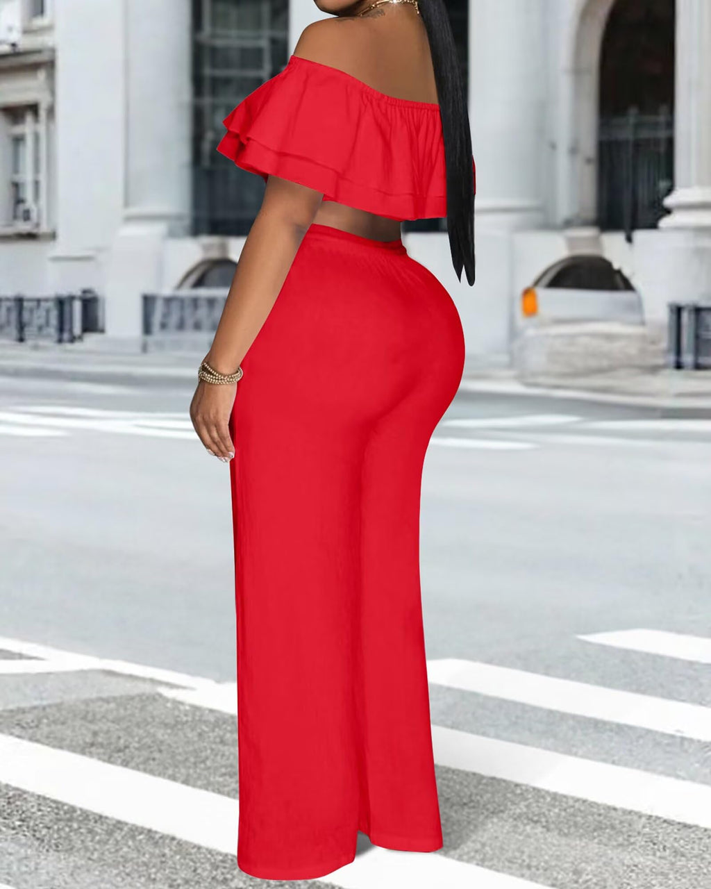 Adogirl 2 Piece Outfits for Women Ruffle Trim Crop Top Wide Leg Pants Set | 2 Piece Sets, Outfit for Women, Off Shoulder, Short Sleeve, Wide Leg Pants with Pockets, Sexy Outfits, Vacation Outfits