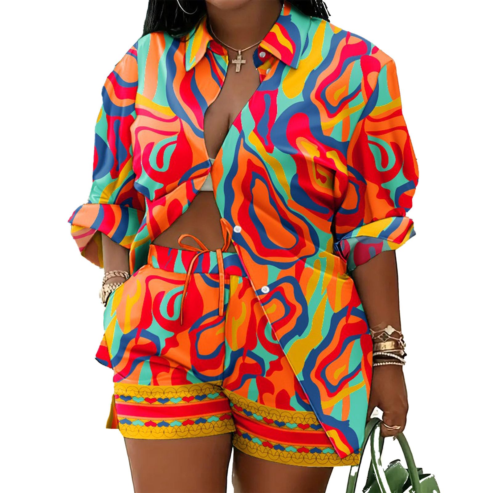 Mandonce 2 Piece Outfits for Women Long Sleeve Printed Shirt and Elastic Lace-Up Shorts with Pockets Beach Vacation Clothes