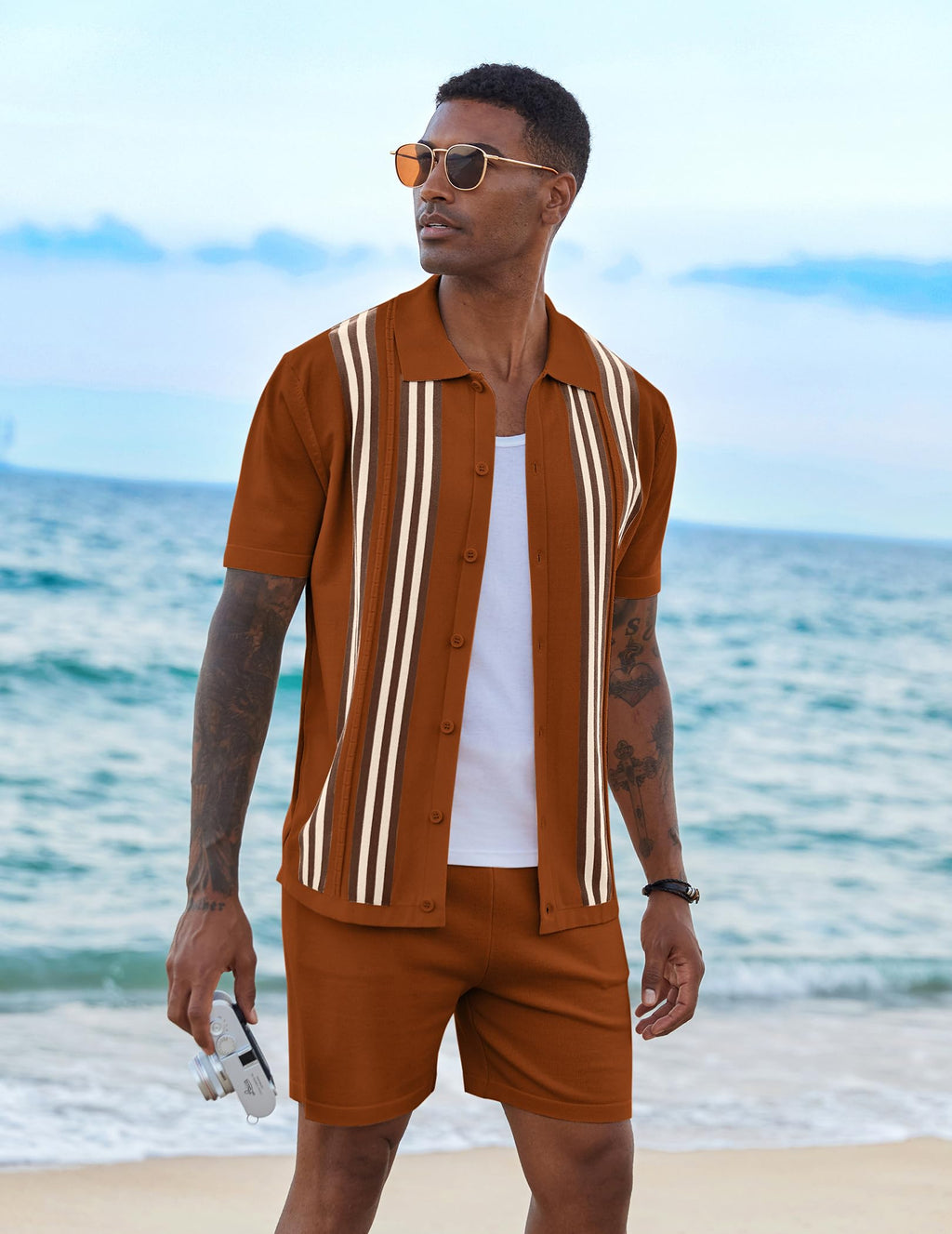 COOFANDY Men's 2 Piece Outfits Summer Short Sets Vintage Knit Button Down Shirt Short Sleeve Polo Casual Beach Suits