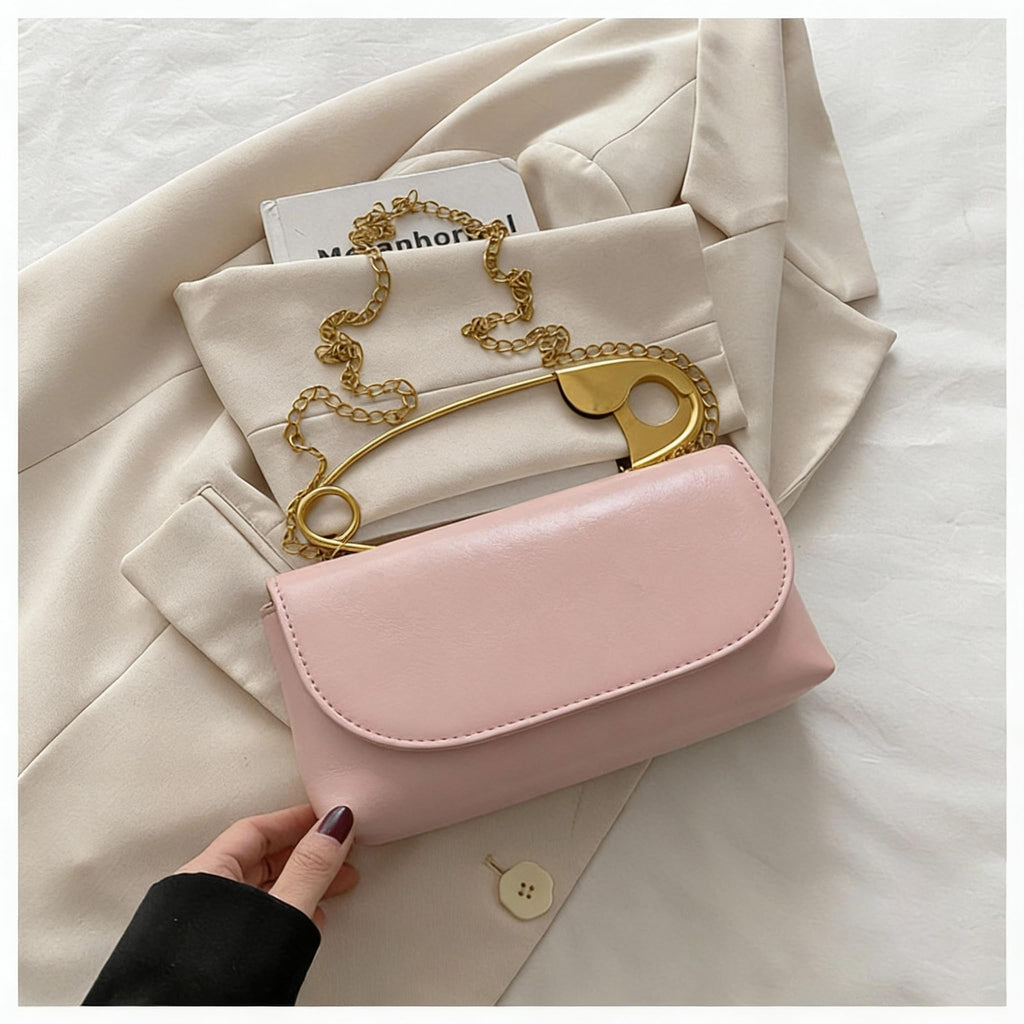 Women's Unique Safety Pin Crossbody Purse | Leather Clutch Bag Gold Handles Chain novelty clutch