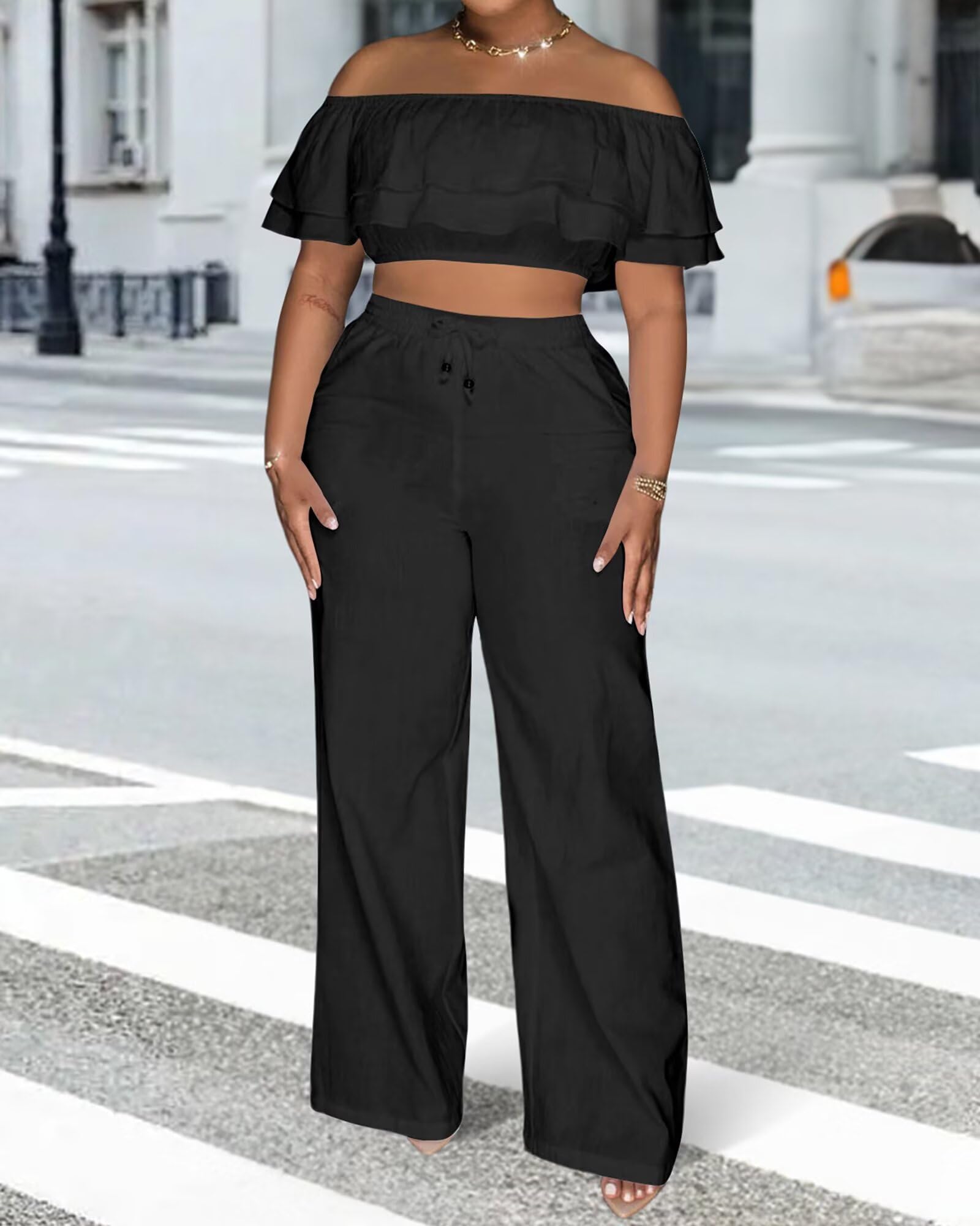 Adogirl 2 Piece Outfits for Women Ruffle Trim Crop Top Wide Leg Pants Set | 2 Piece Sets, Outfit for Women, Off Shoulder, Short Sleeve, Wide Leg Pants with Pockets, Sexy Outfits, Vacation Outfits