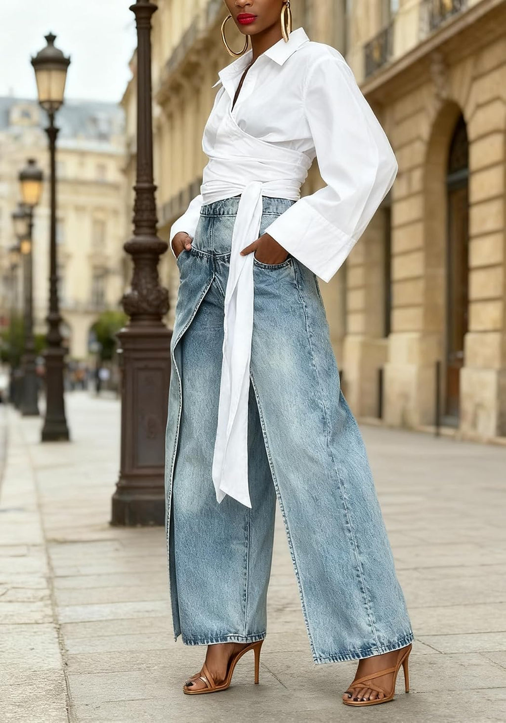 DINGANG Women's Asymmetrical Wide Leg Jeans High Waisted Denim Pants | Trendy Baggy Jeans,Loose fit,Wrap front,Patchwork Split Hem,Y2K Streetwear,Unique Jeans with Pockets
