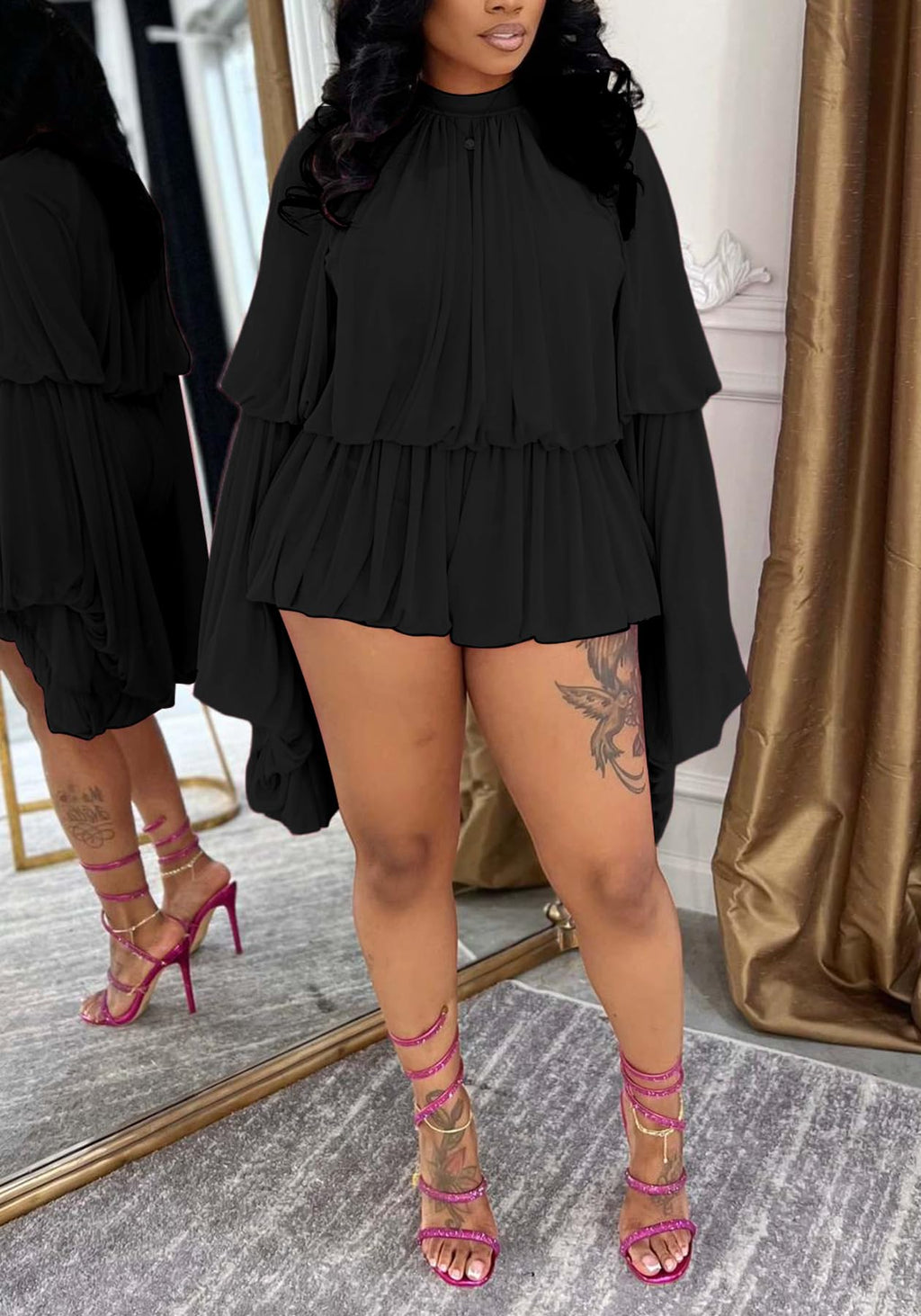 LETSVDO Shorts Sets Women 2 Piece Outfits Mock Neck Bell Sleeve Chiffon Top Blouse Pleated Ruffle Bubble Short Set Romper