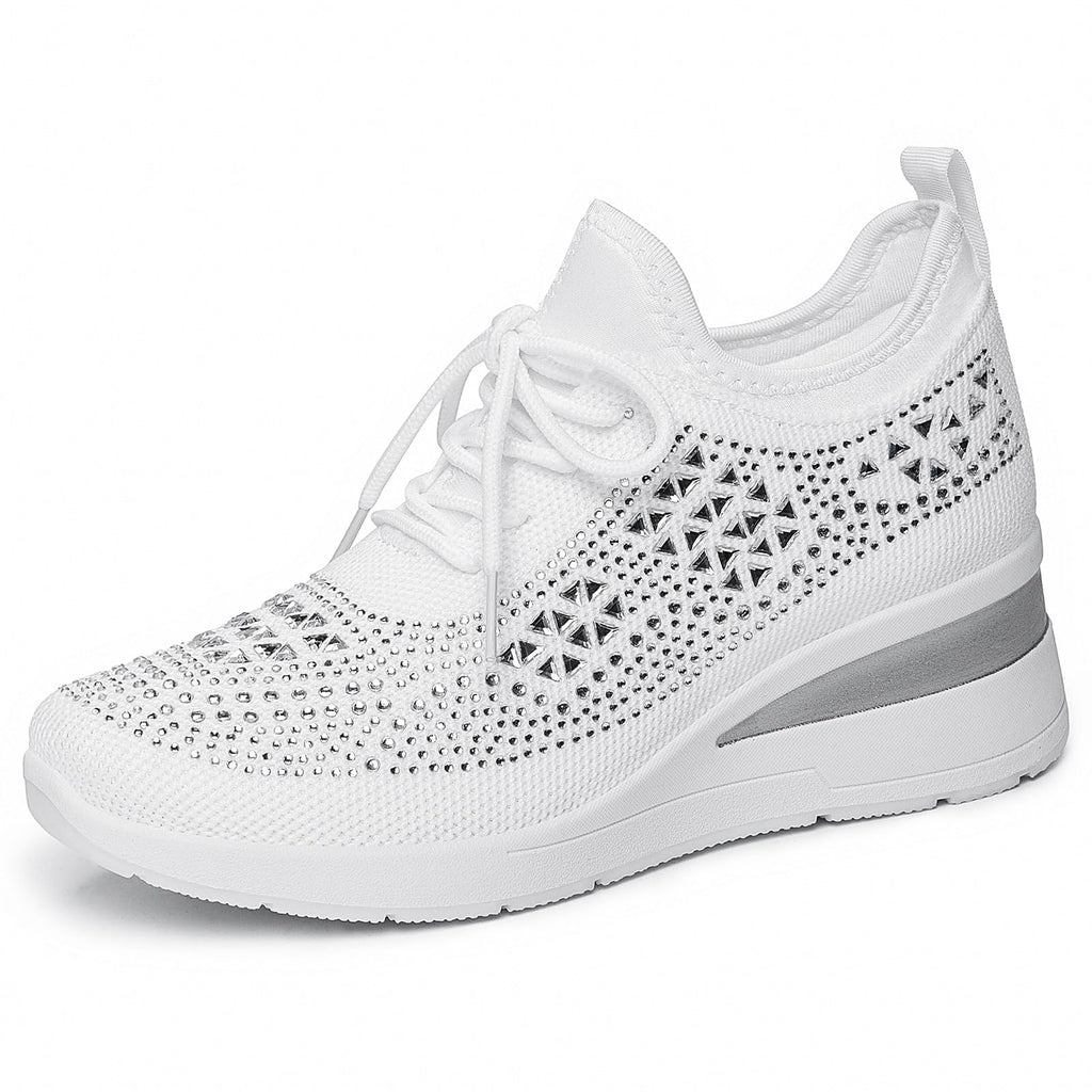 Glitter Rhinestone Wedge Sneakers with Lace-Up for Women Fashion Shiny Sequin Comfort Orthopedic Breathable Mesh Round Toe Soft Sole Tennis Walking Shoes