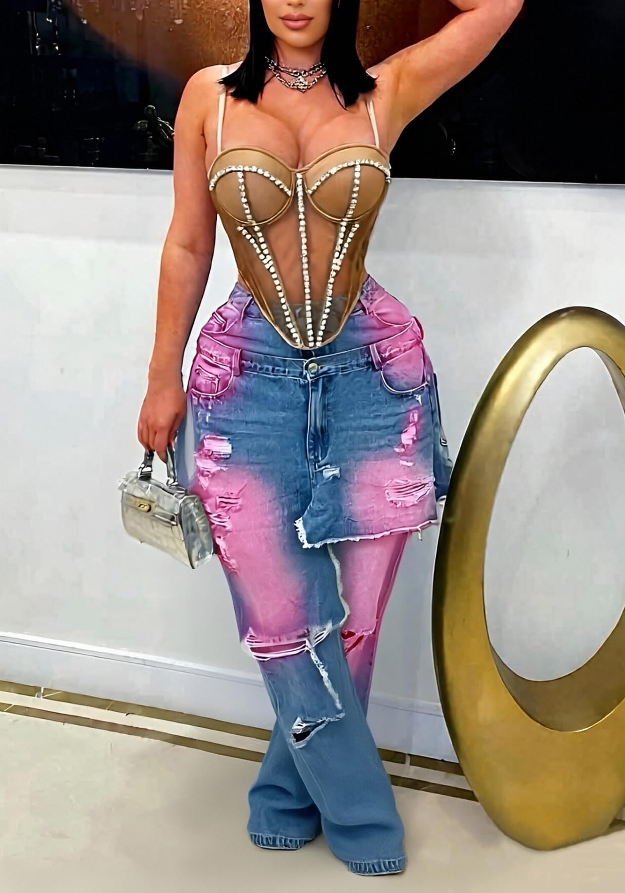 LKOUS Women's Ripped Baggy Jeans High Waist Wide Leg Patchwork Streetwear | Distressed, cutout, Y2K, hip hop, stretchy, soft, pocket, casual, concert, vintage. Machine wash