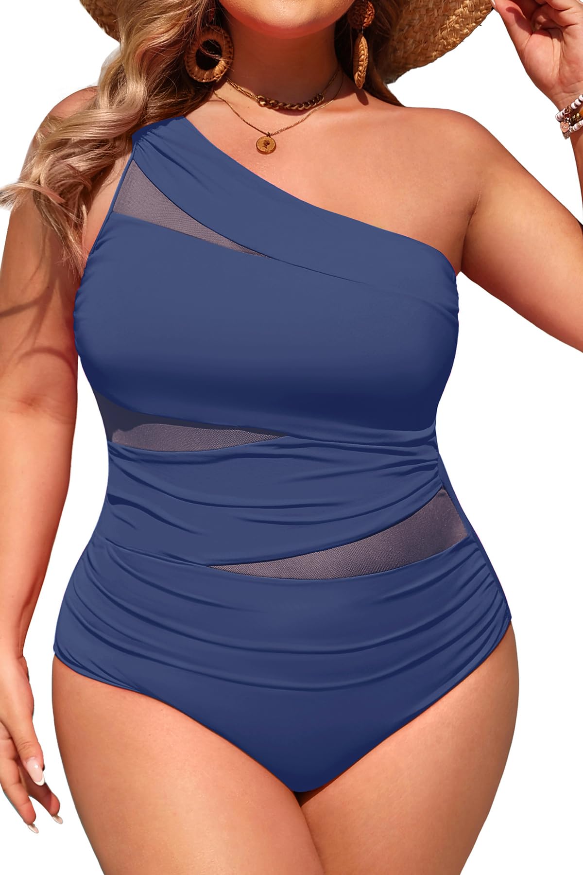 Plus Size One Piece Swimsuit for Women - One Shoulder Bathing Suit | Removable and Adjustable Strap, Detachable pads, Flatter midsection via front mesh, Drape diagonal folds to hide bulk