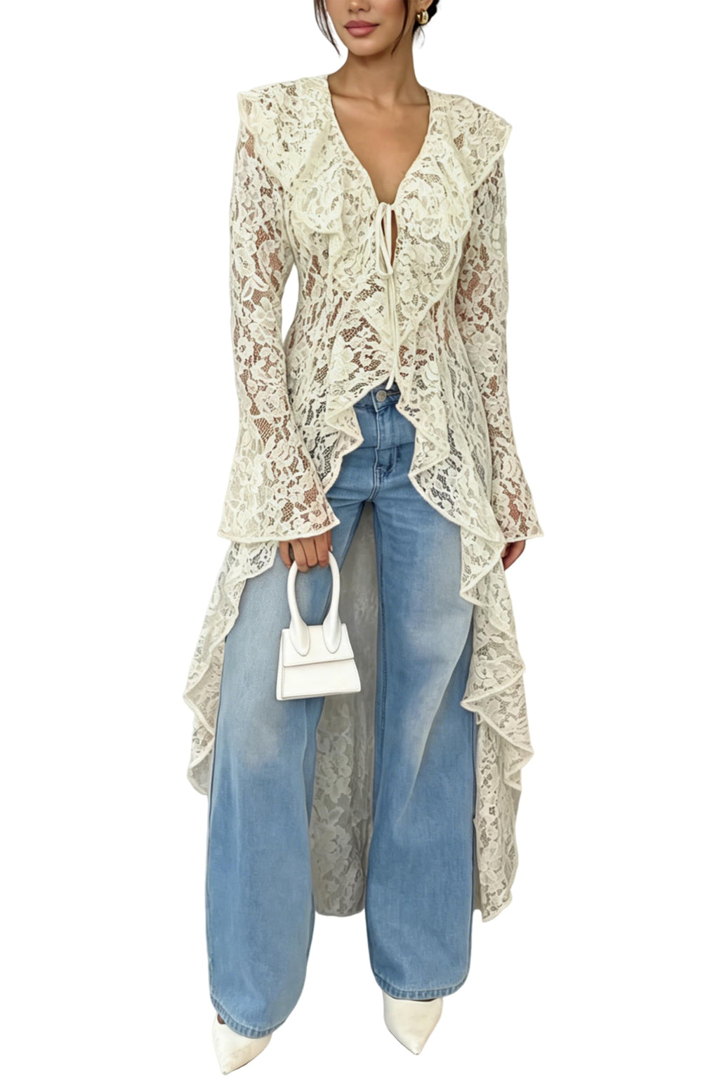 Lace Cardigan for Women Maxi Summer Lightweight Open Front Tie Bell Long Sleeve Ruffled Tops Duster Swimsuit Cover Up